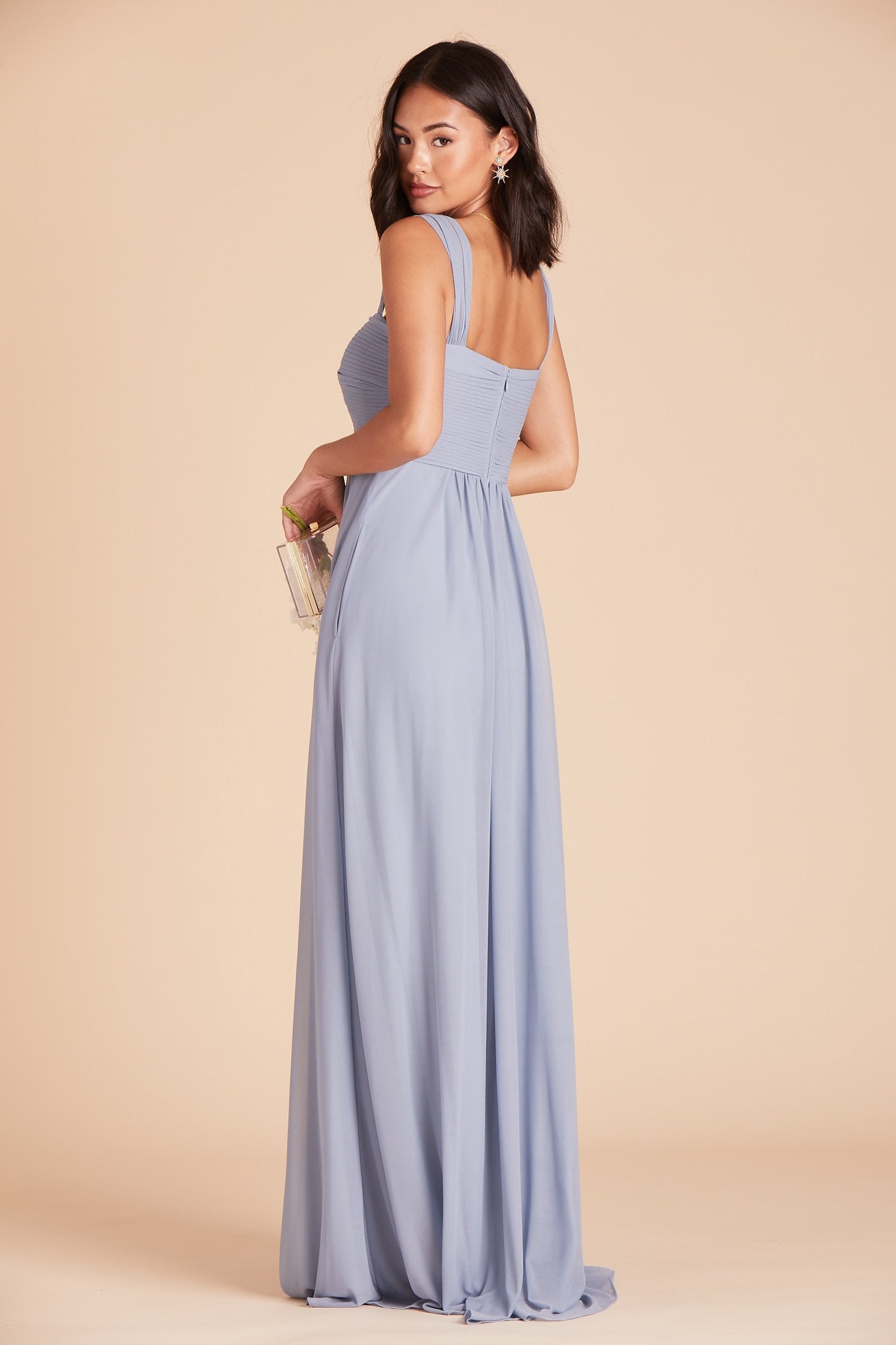 Maria convertible bridesmaids dress in dusty blue chiffon by Birdy Grey, side view