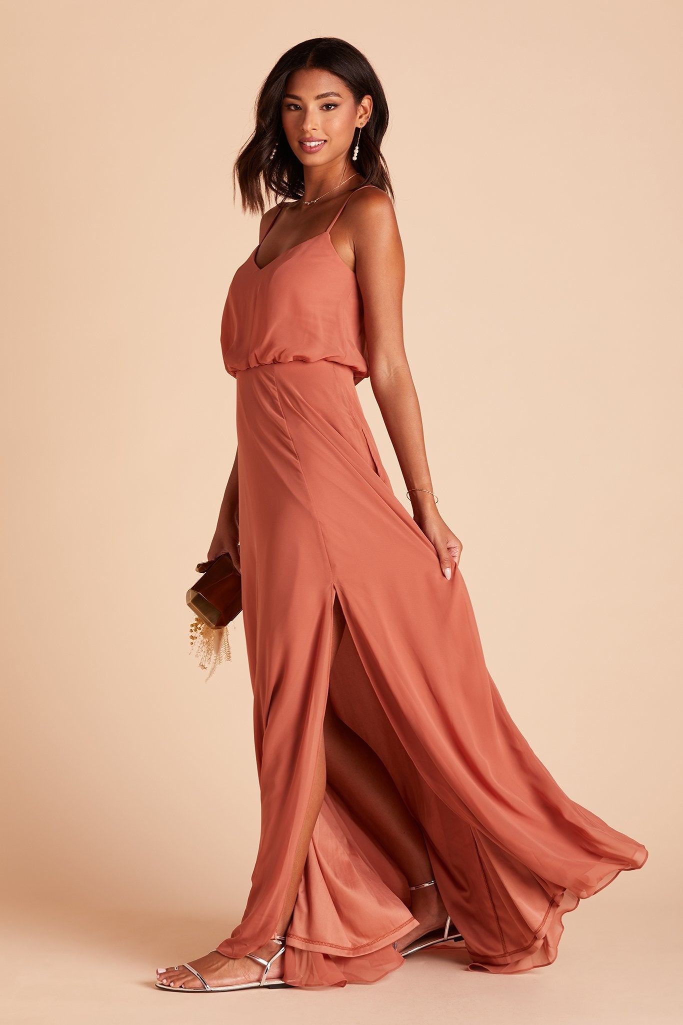 Gwennie bridesmaid dress with slit in terracotta chiffon by Birdy Grey, side view