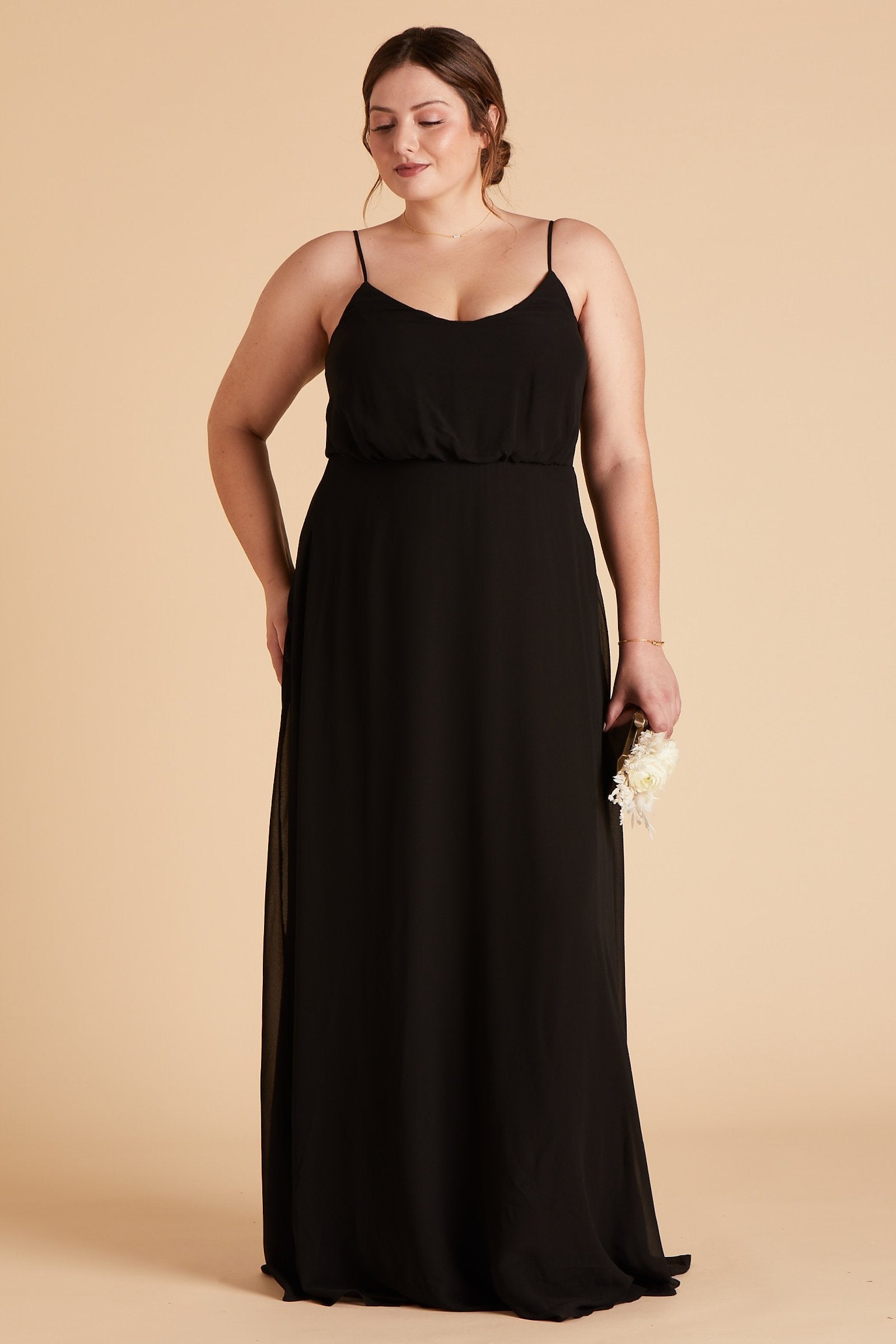 Gwennie plus size bridesmaid dress in black chiffon by Birdy Grey, front view