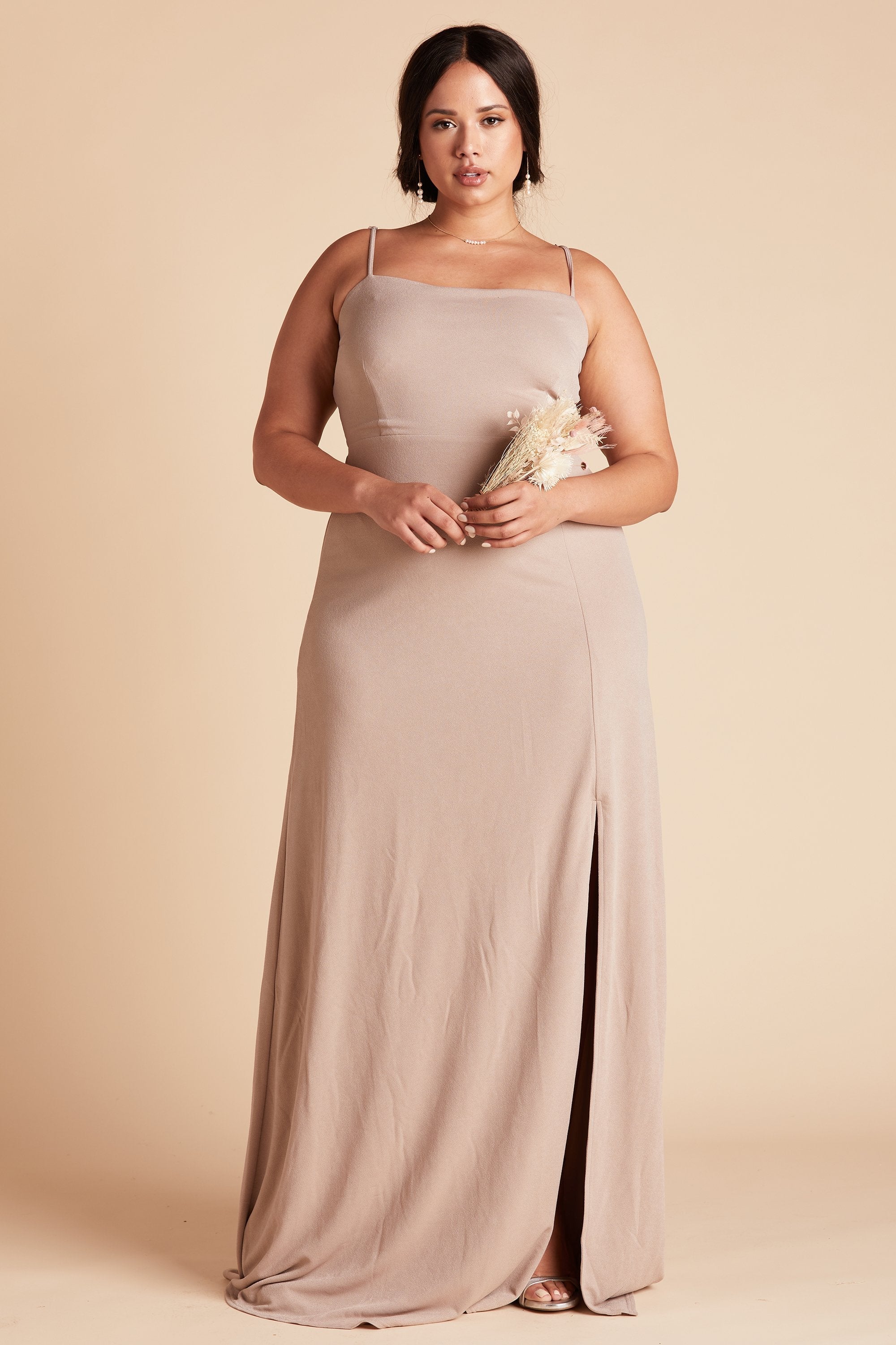 Benny plus size bridesmaid dress with slit in taupe crepe by Birdy Grey, front view