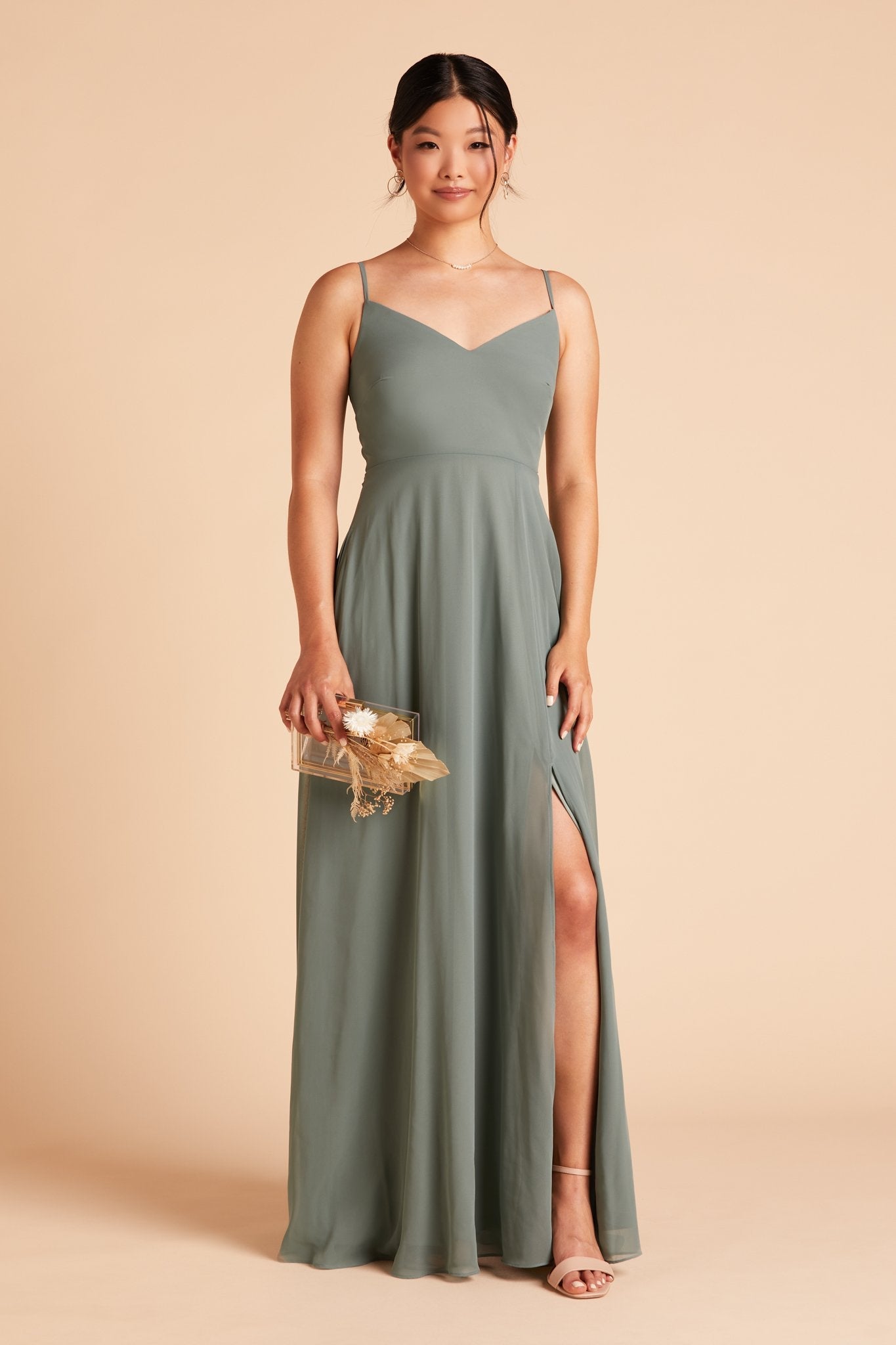 Devin convertible bridesmaids dress with slit in sea glass green chiffon by Birdy Grey, front view