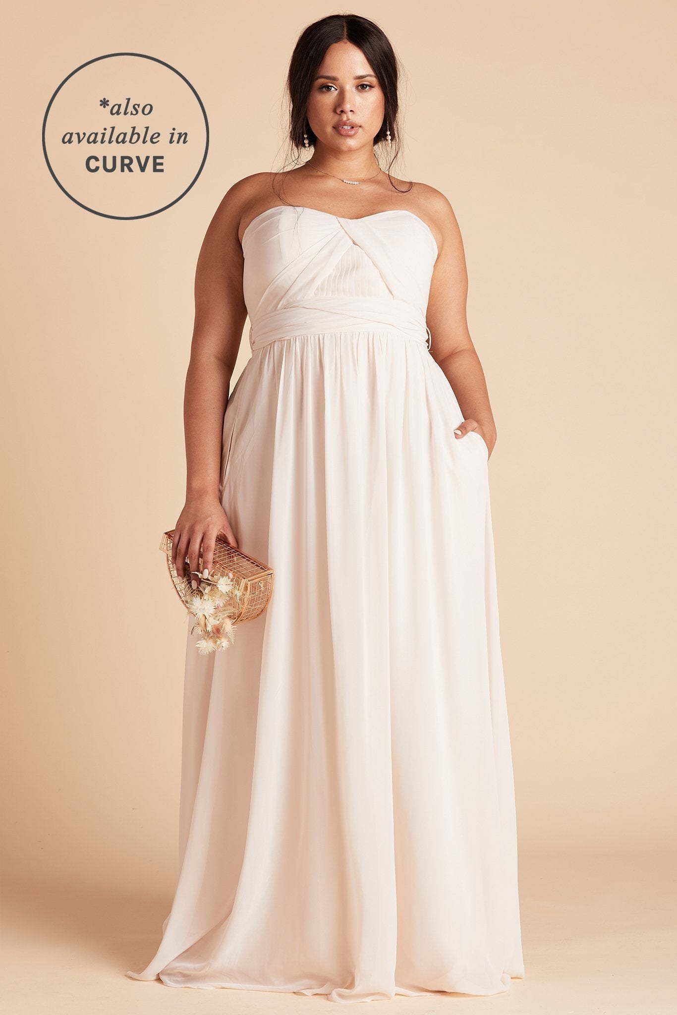 Grace convertible plus size bridesmaid dress in champaign chiffon by Birdy Grey, front view