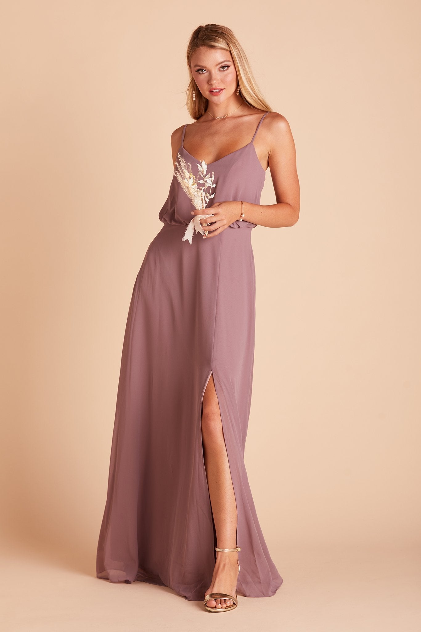 Gwennie bridesmaid dress with slit in dark mauve chiffon by Birdy Grey, front view