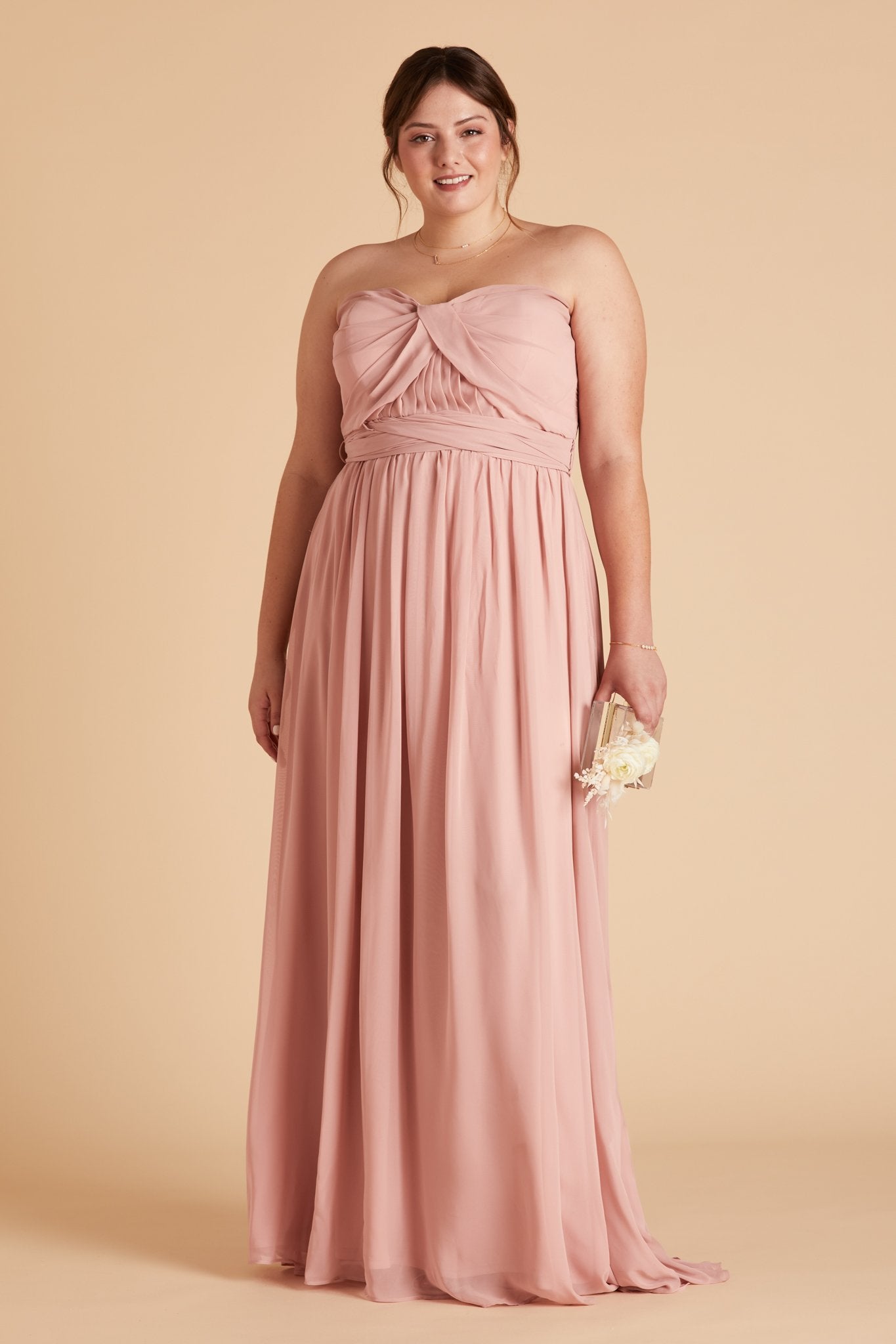 Grace convertible plus size bridesmaid dress in rose quartz pink chiffon by Birdy Grey, front view