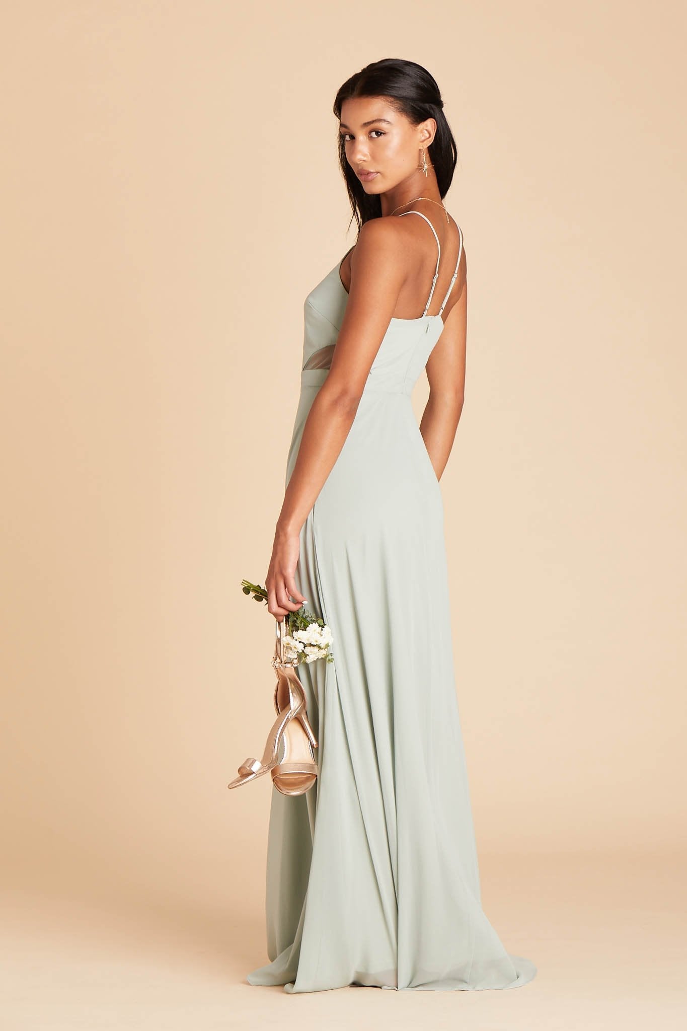 Lin bridesmaid dress in sage green chiffon by Birdy Grey, side view