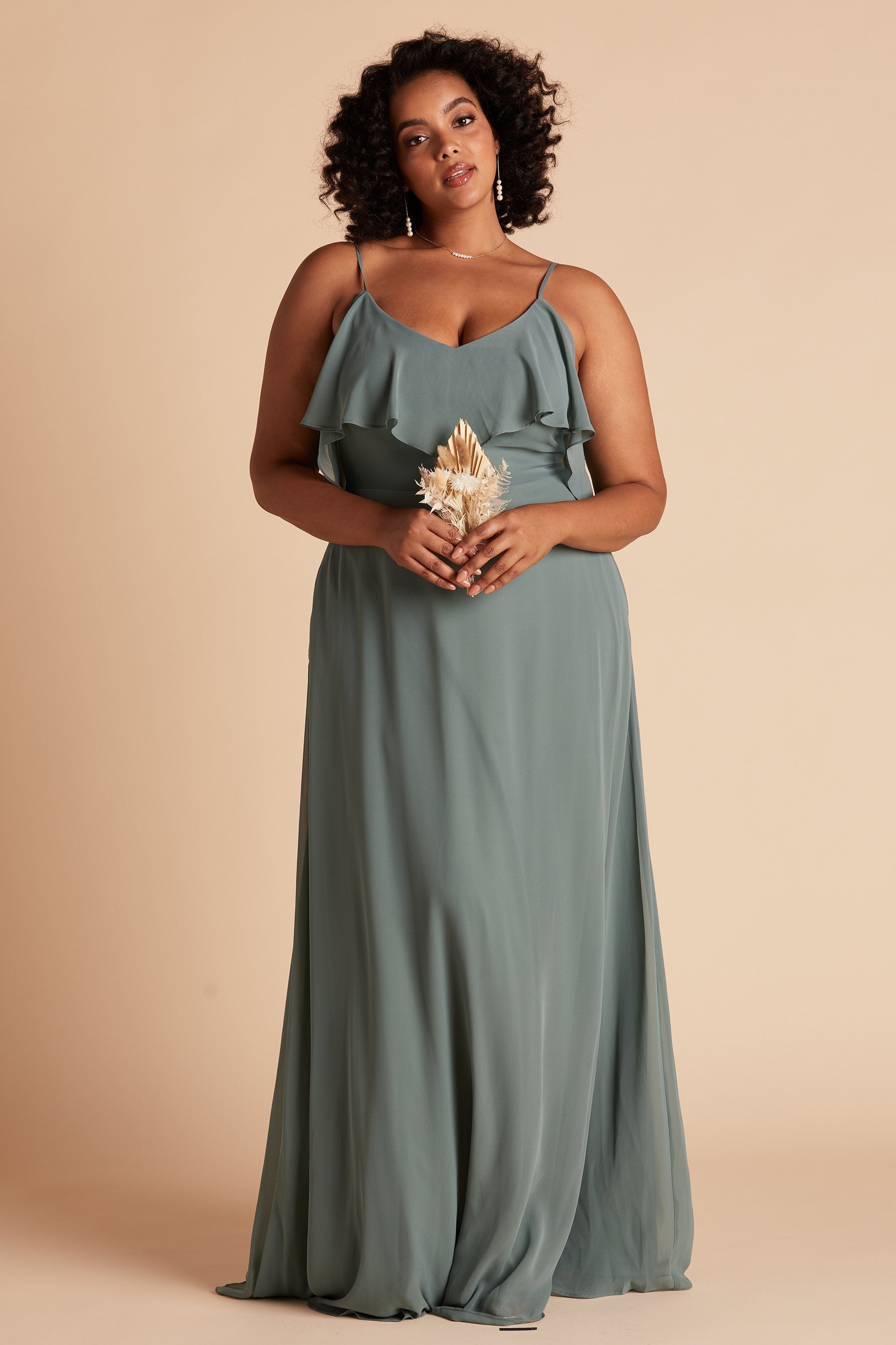 Jane convertible plus size bridesmaid dress in sea glass green chiffon by Birdy Grey, front view