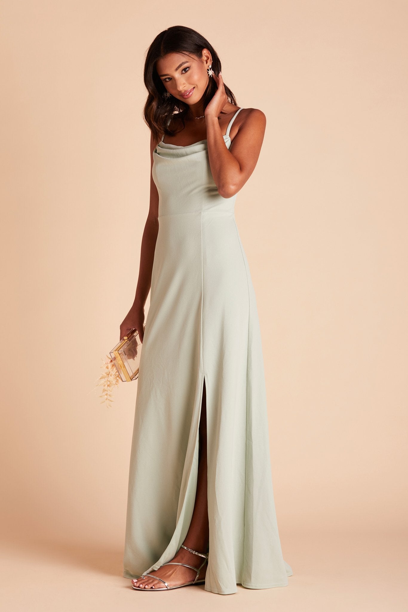 Ash bridesmaid dress with slit in sage green crepe by Birdy Grey, side view