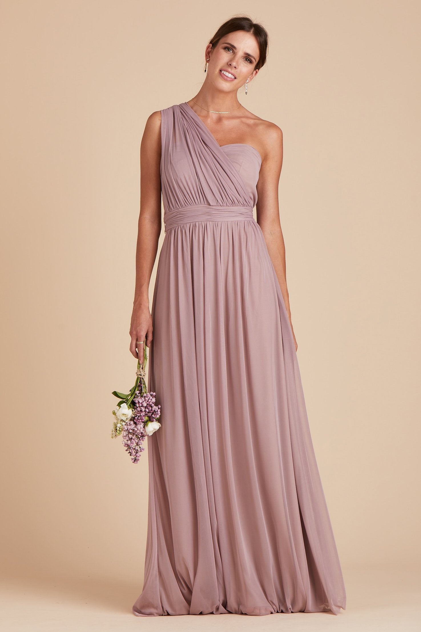 Chicky convertible bridesmaid dress in mauve purple mesh by Birdy Grey, front view