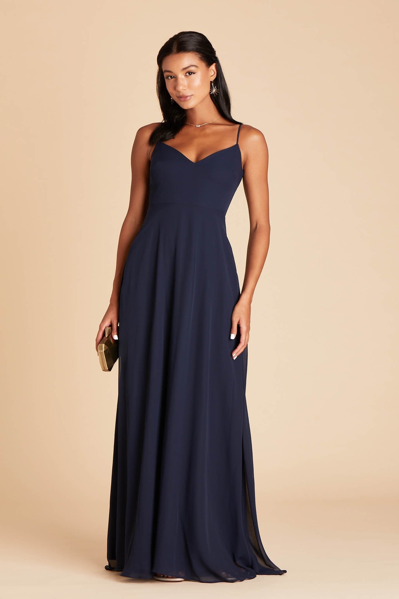 Devin convertible bridesmaid dress in navy blue chiffon by Birdy Grey, front view