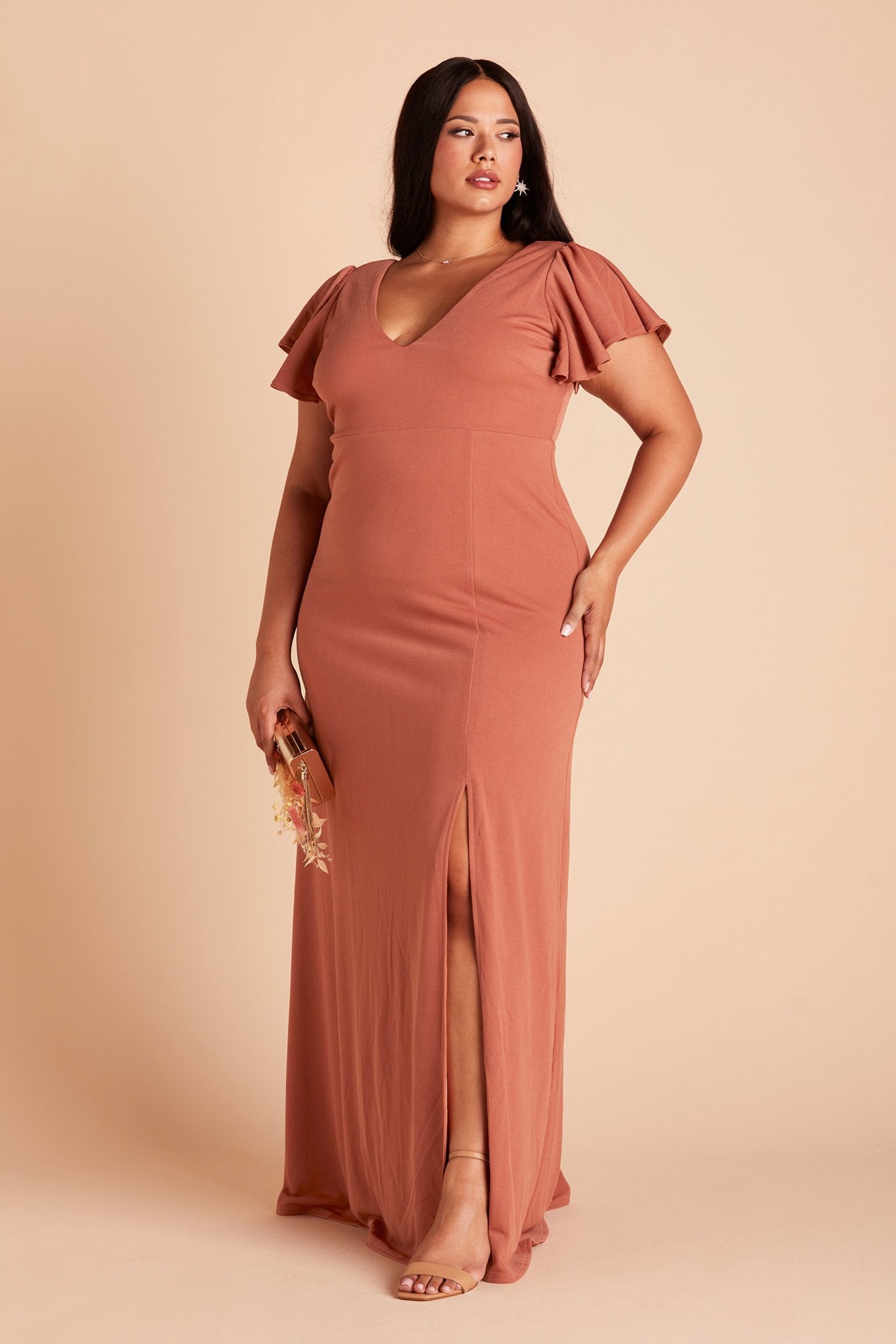 Hannah plus size bridesmaid dress with slit in terracotta crepe by Birdy Grey, front view