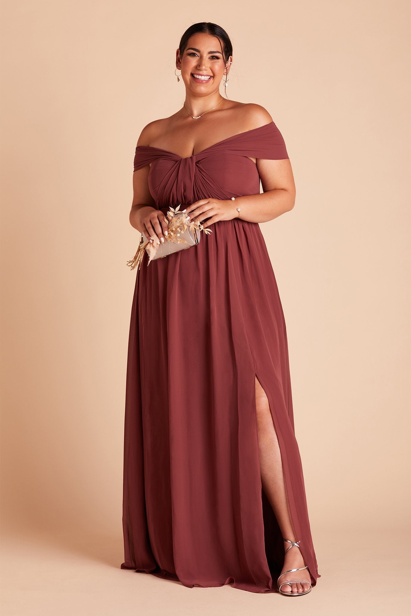 Grace convertible plus size bridesmaid dress with slit in rosewood chiffon by Birdy Grey, front view