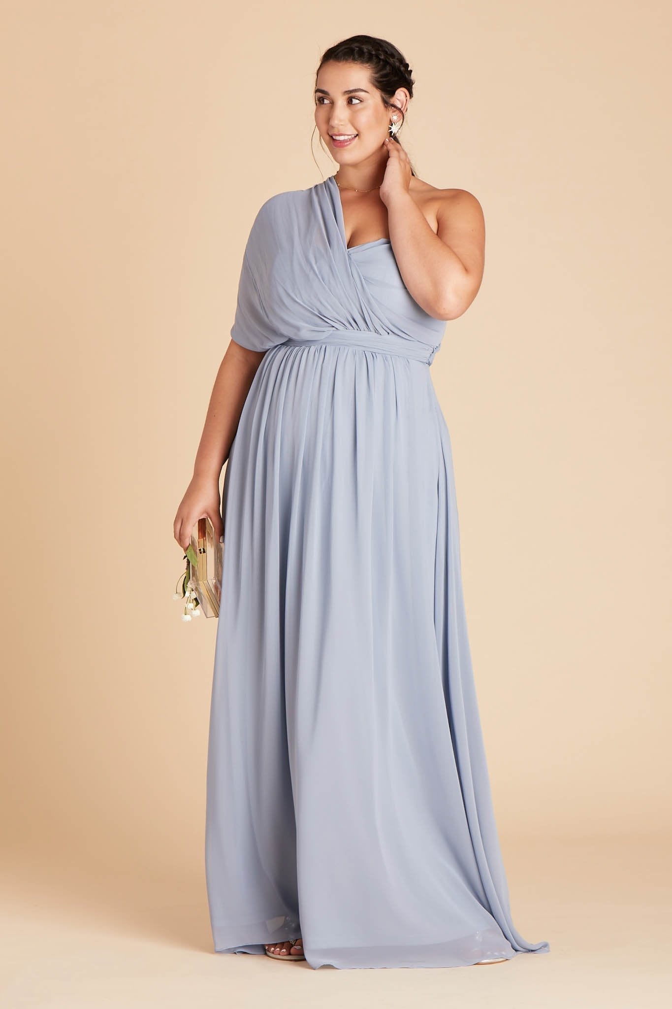 Grace convertible plus size bridesmaid dress in dusty blue chiffon by Birdy Grey, front view