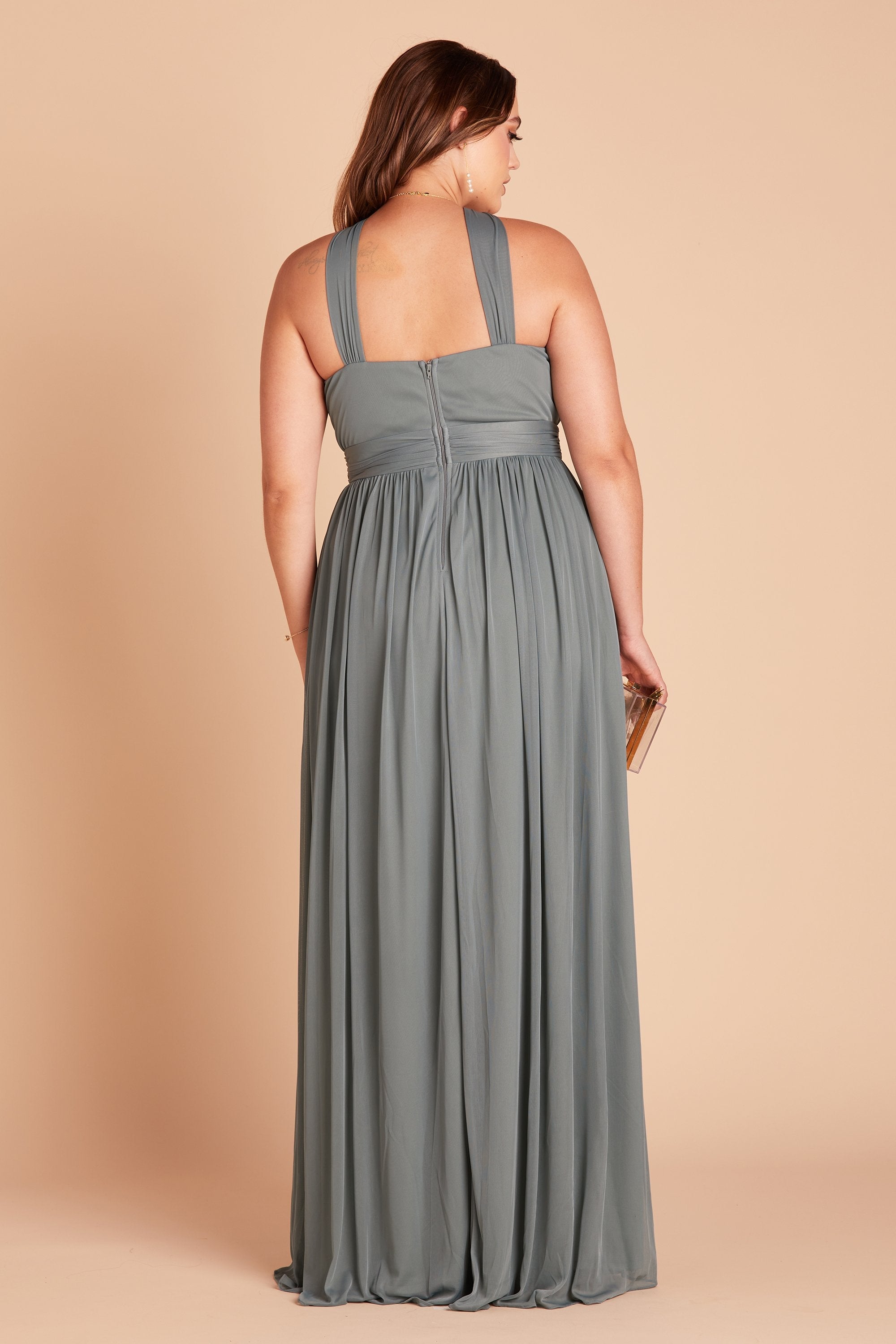 Kiko plus size bridesmaid dress in sea glass green chiffon by Birdy Grey, back view