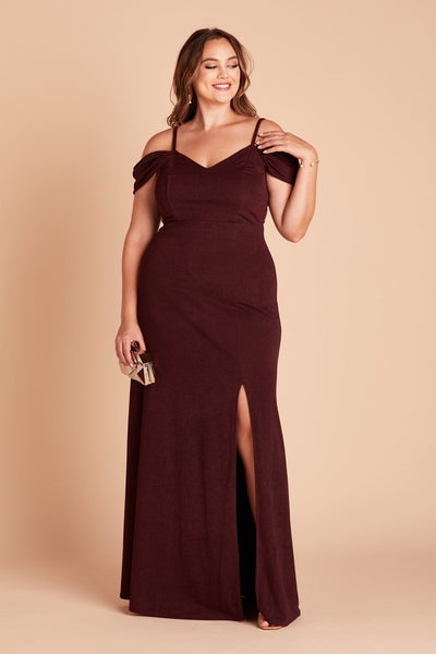 Dev plus size bridesmaid dress with slit in cabernet burgundy crepe by Birdy Grey, front view