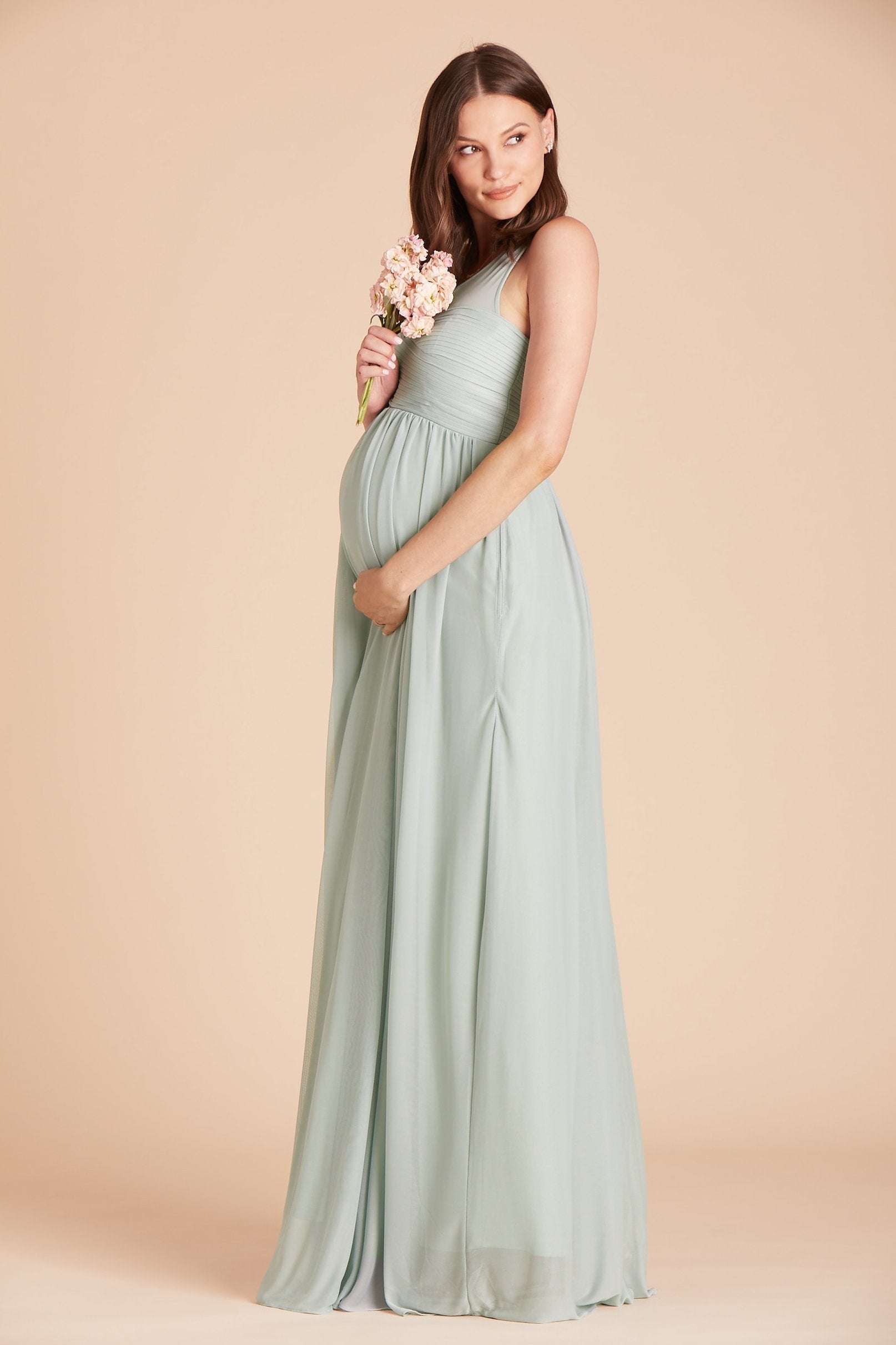 Ryan bridesmaid dress in sage green chiffon by Birdy Grey, side view