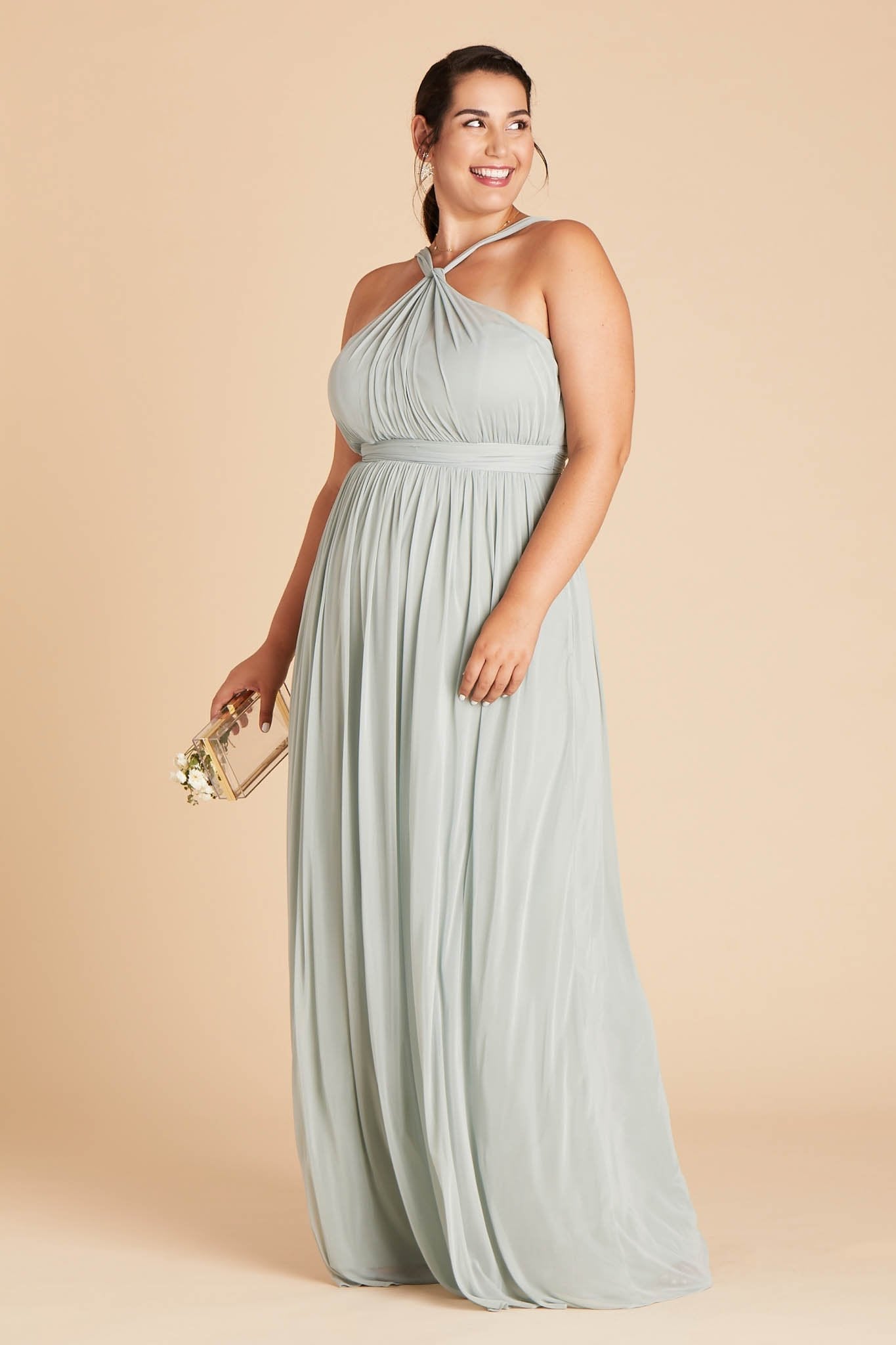 Kiko plus size bridesmaid dress in sage green chiffon by Birdy Grey, front view