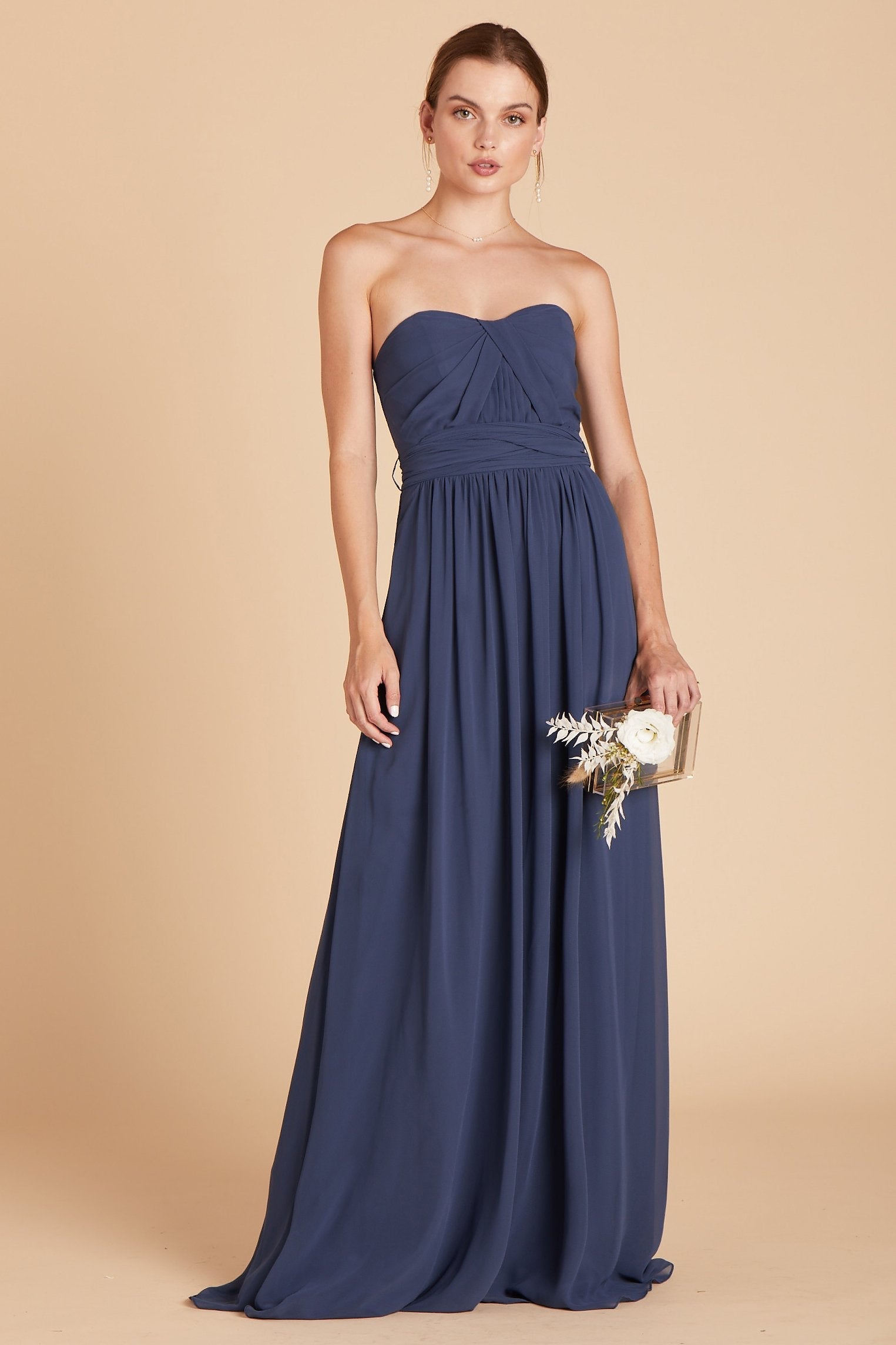 Grace convertible bridesmaid dress in slate blue chiffon by Birdy Grey, front view