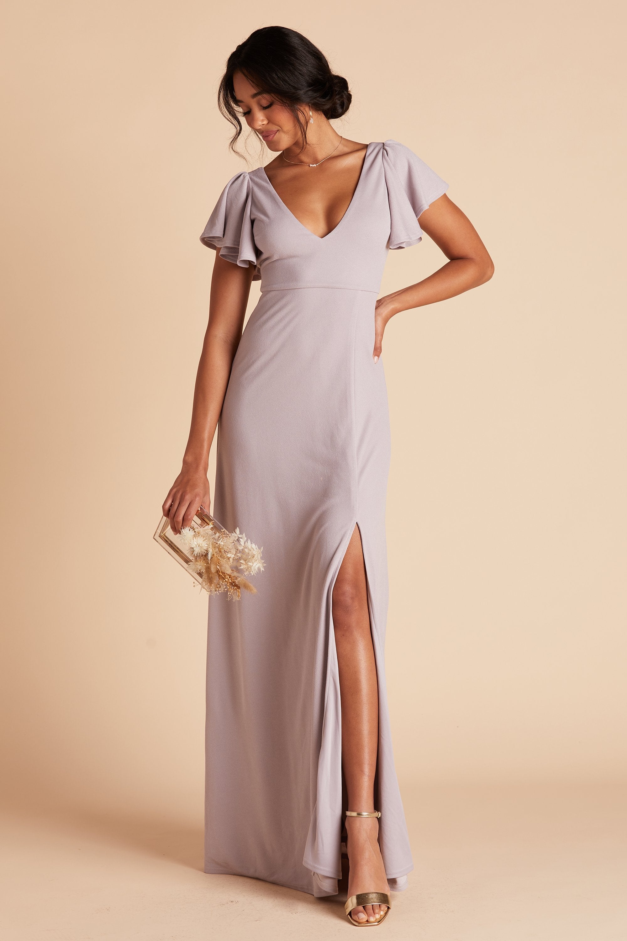 Hannah bridesmaid dress with slit in lilac purple crepe by Birdy Grey, front view