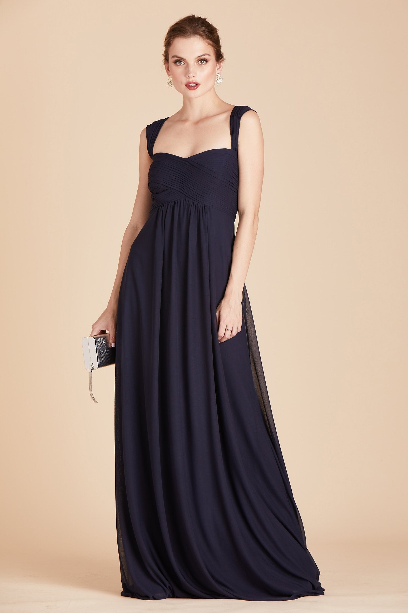 Maria convertible bridesmaids dress in navy blue chiffon by Birdy Grey, front view