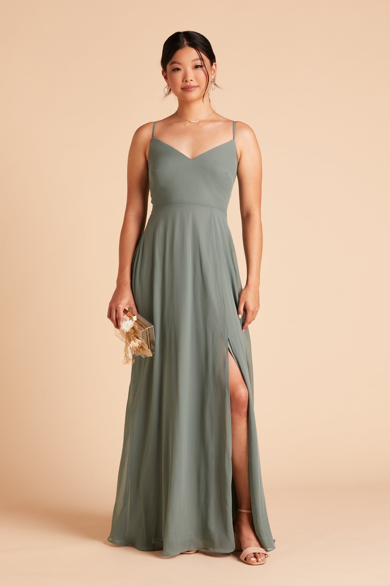 Devin convertible bridesmaids dress with slit in sea glass green chiffon by Birdy Grey, front view