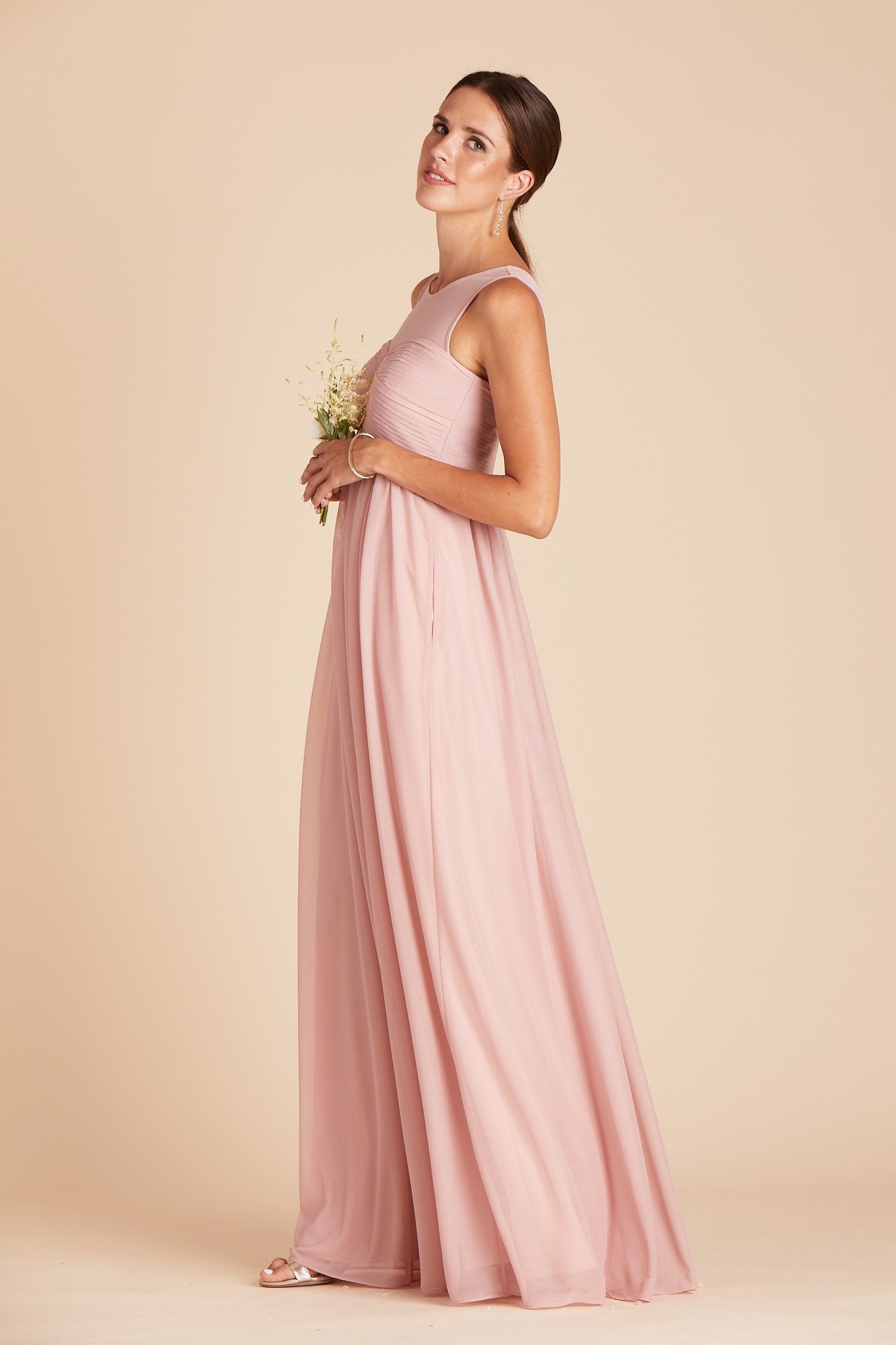 Ryan bridesmaid dress in dusty rose pink chiffon by Birdy Grey, side view