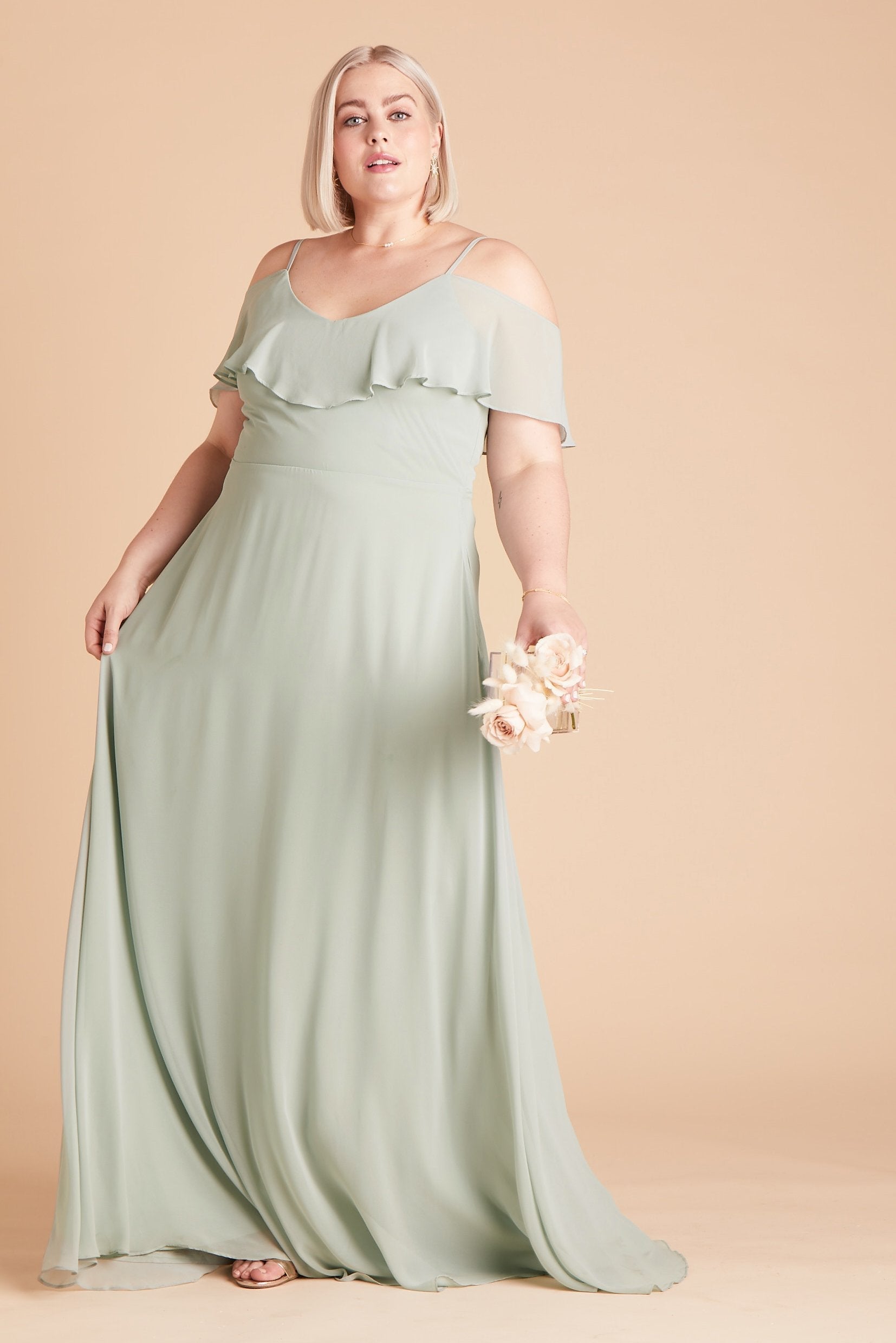 Jane convertible plus size bridesmaid dress in sage green chiffon by Birdy Grey, front view