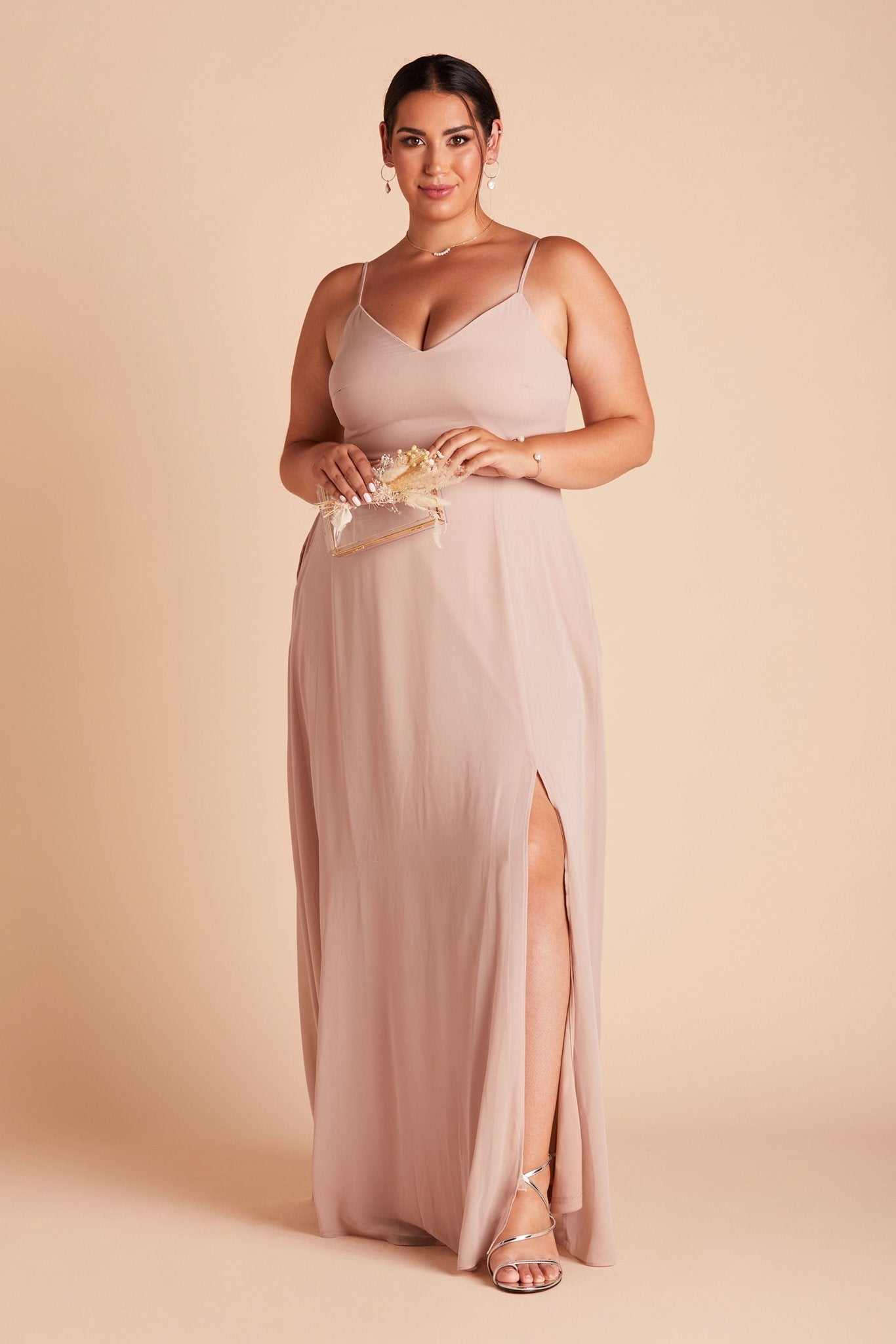 Devin convertible plus size bridesmaids dress with slit in taupe chiffon by Birdy Grey, front view