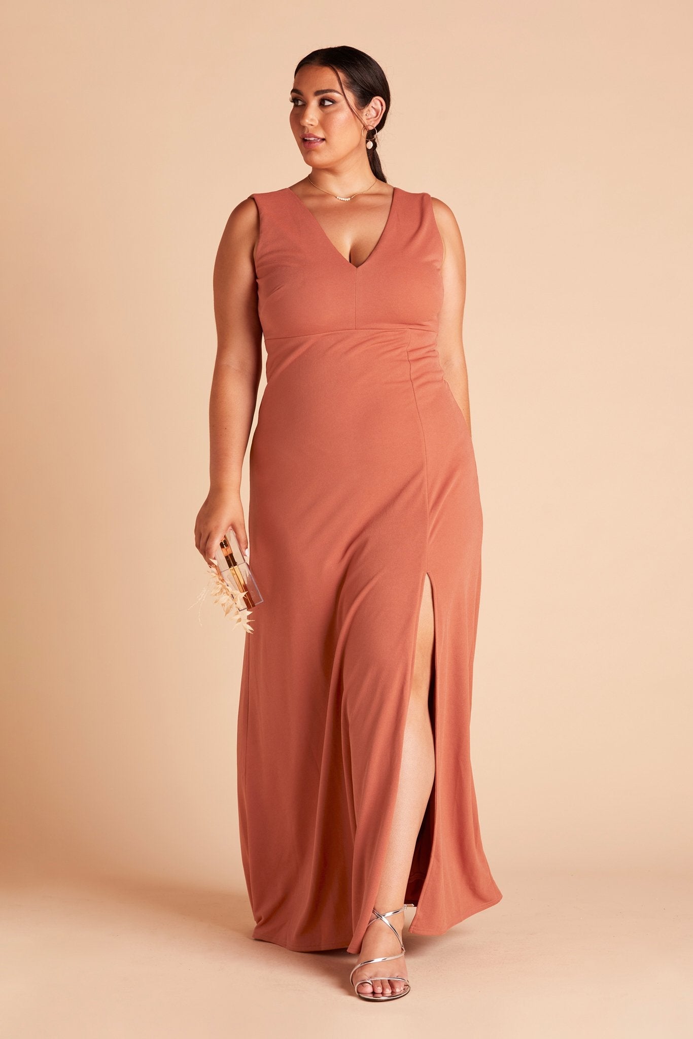 Shamin plus size bridesmaid dress with slit in terracotta crepe by Birdy Grey, front view