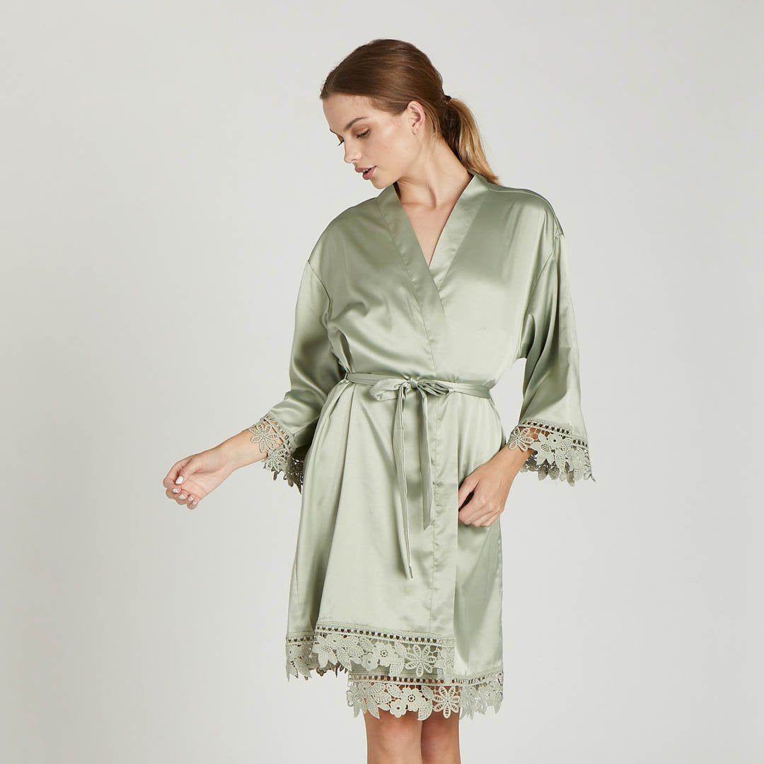 Satin Lace Robe in sage by Birdy Grey, front view