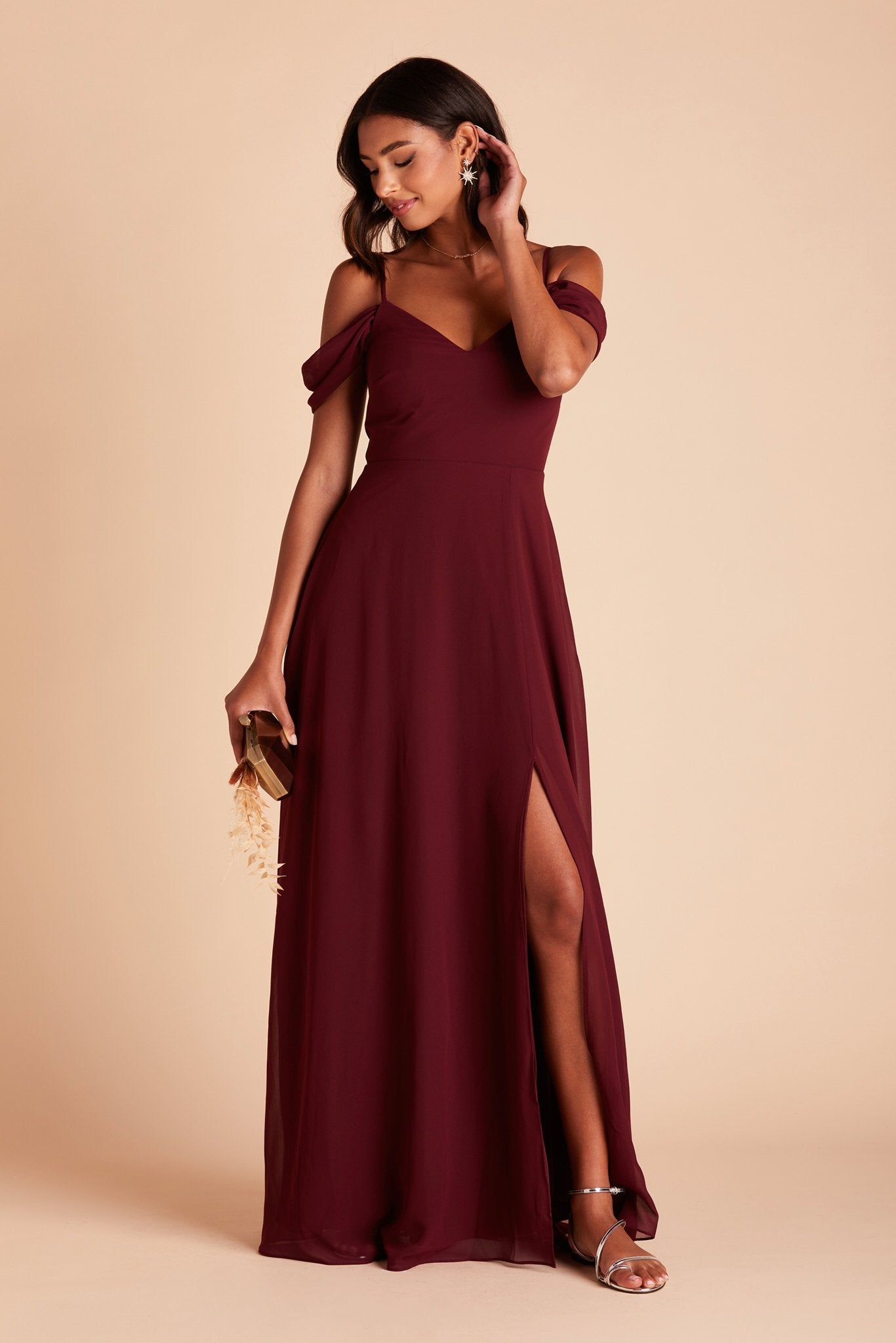 Devin convertible bridesmaid dress with slit in cabernet burgundy chiffon by Birdy Grey, front view