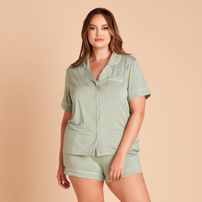 Jonny plus size Short Sleeve Pajama Set in sage green with white pipetting by Birdy Grey, front view