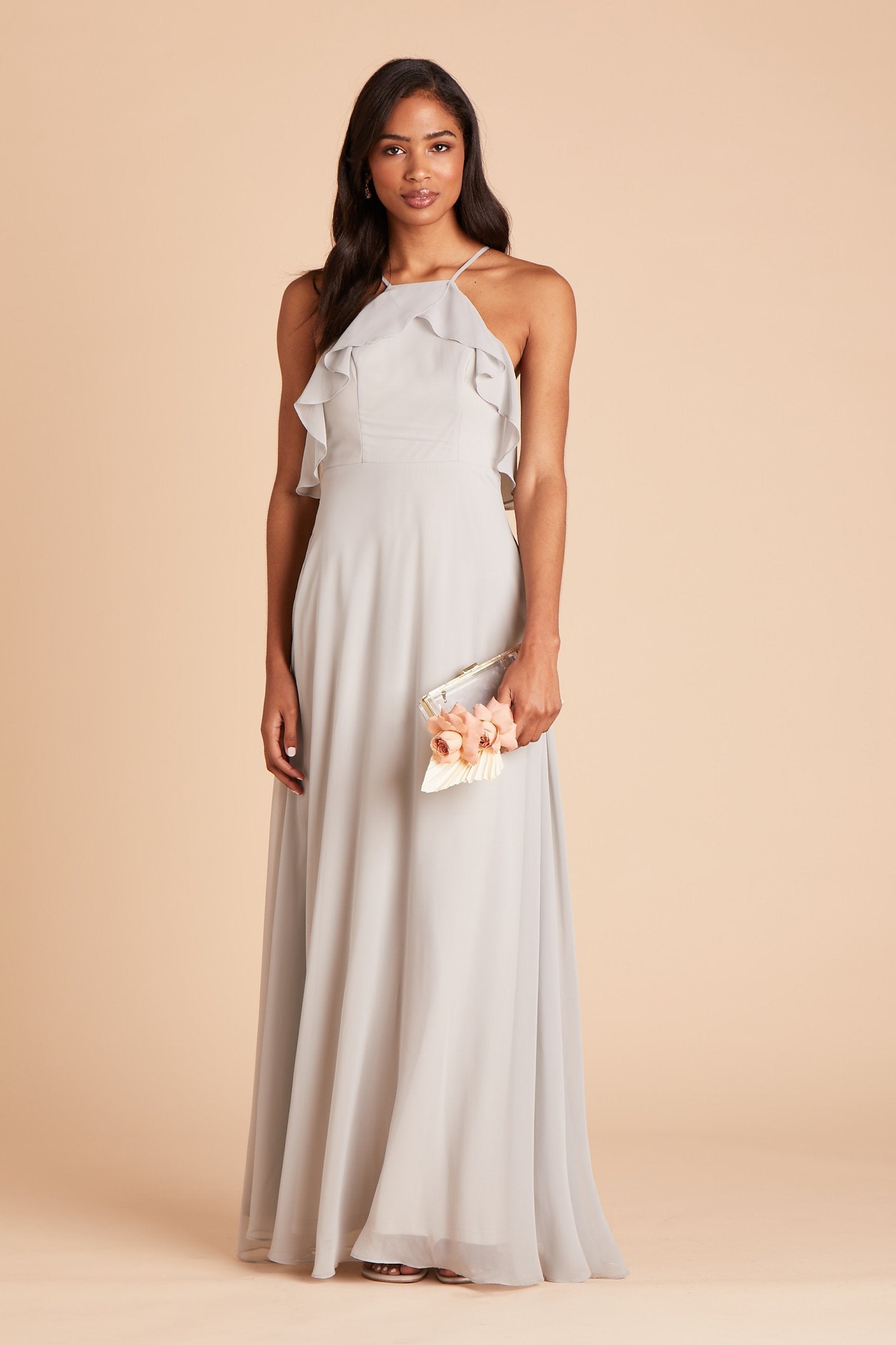 Jules bridesmaid dress in dove gray chiffon by Birdy Grey, front view