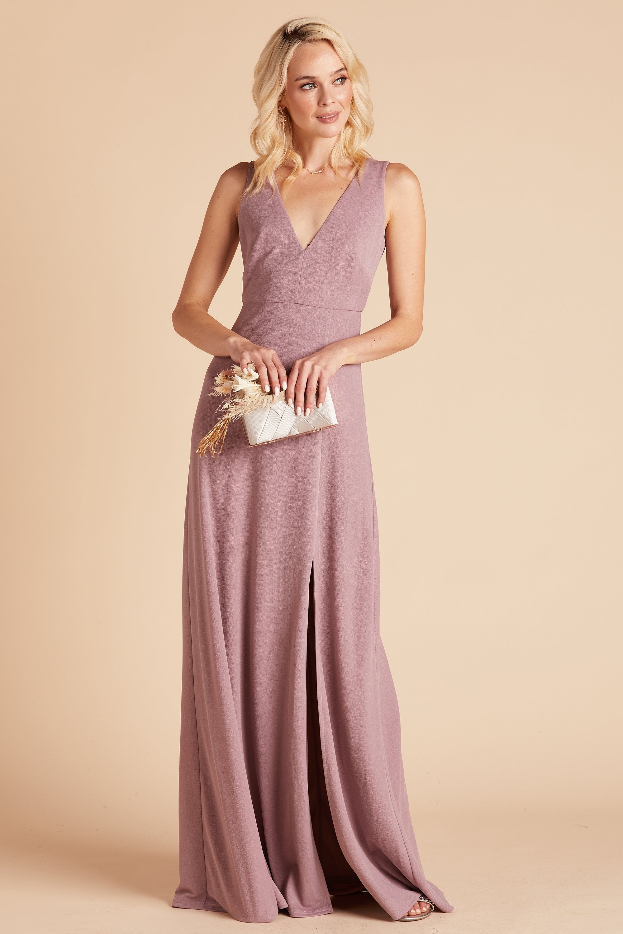 Shamin bridesmaid dress with slit in dark mauve crepe by Birdy Grey, front view