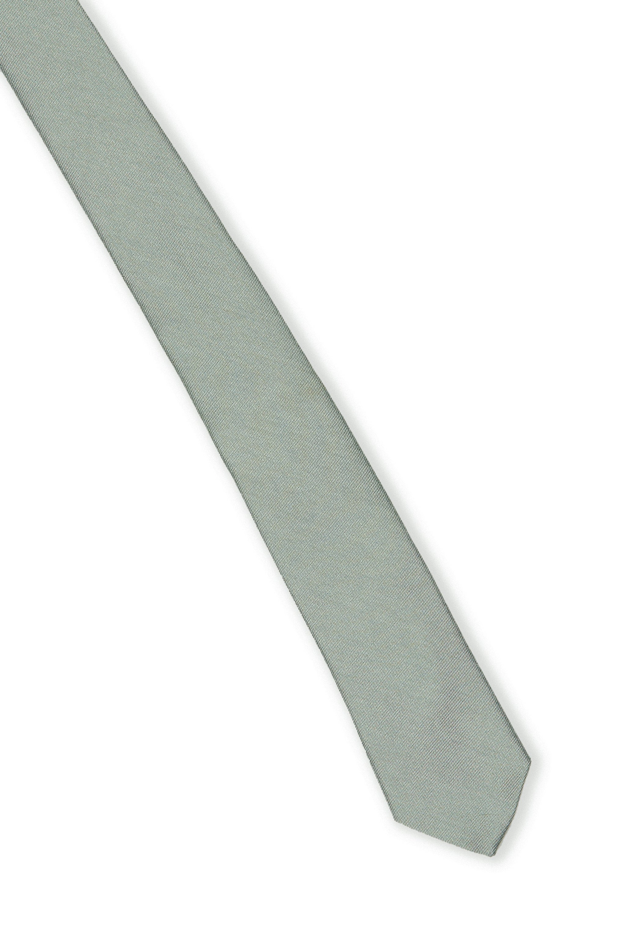 Elevated view of the Simon Necktie in sage fully extended on a white background showing the width of the necktie.