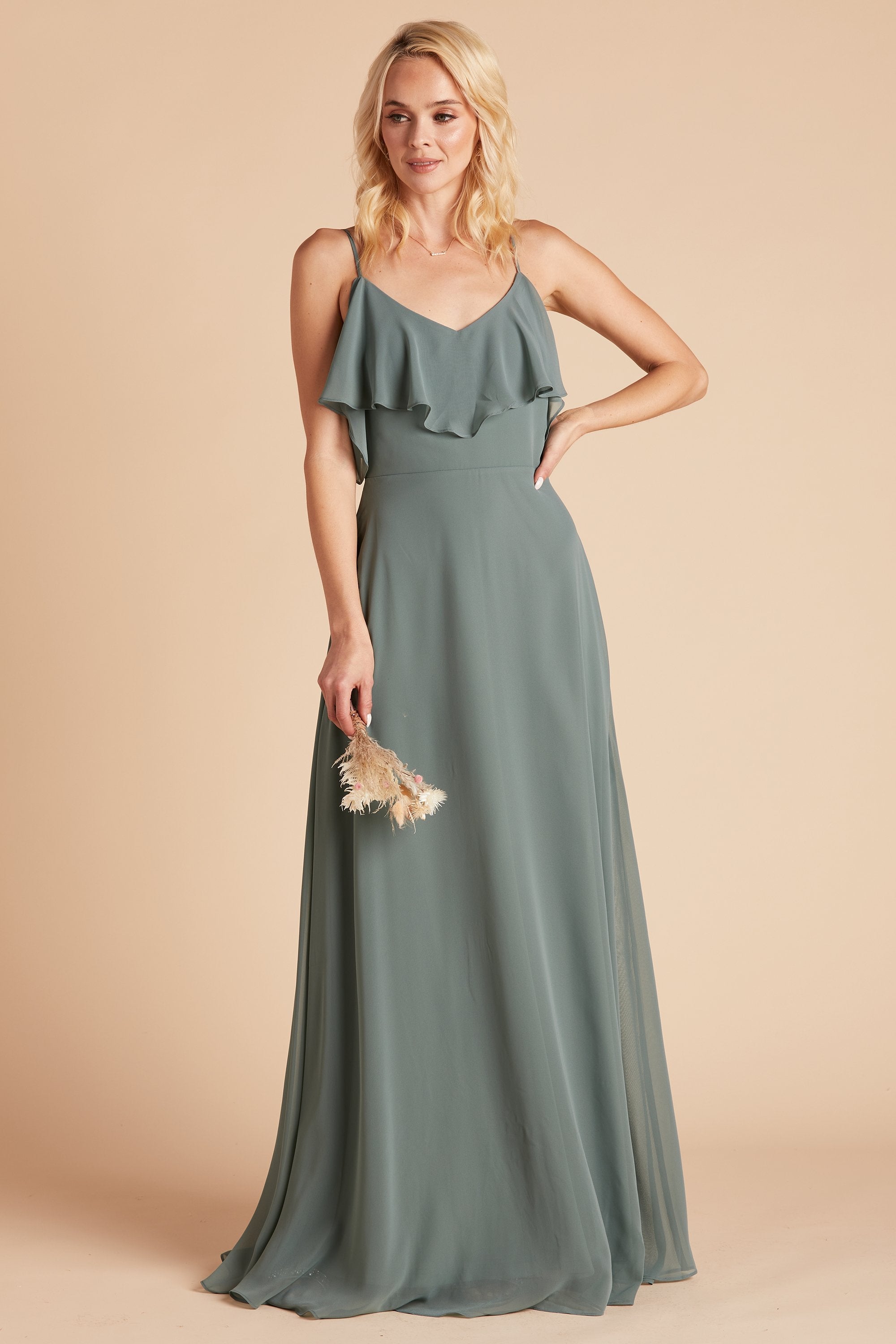 Jane convertible bridesmaid dress in sea glass green chiffon by Birdy Grey, front view