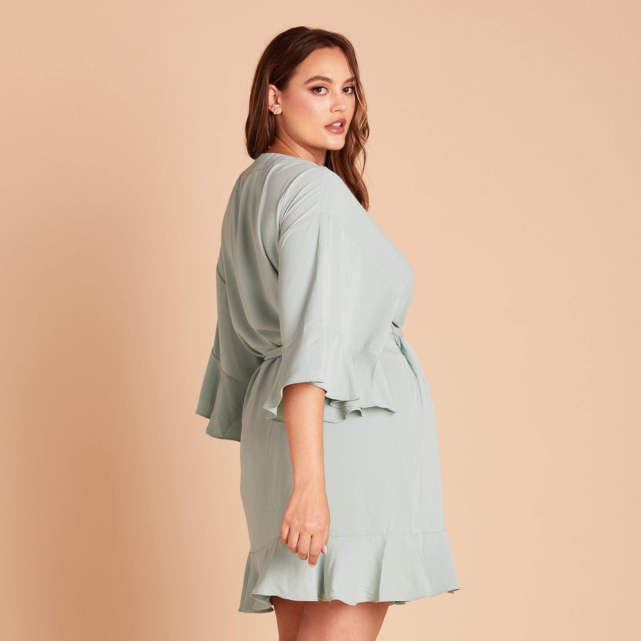 Kenny Ruffle Robe in sage green by Birdy Grey, side view