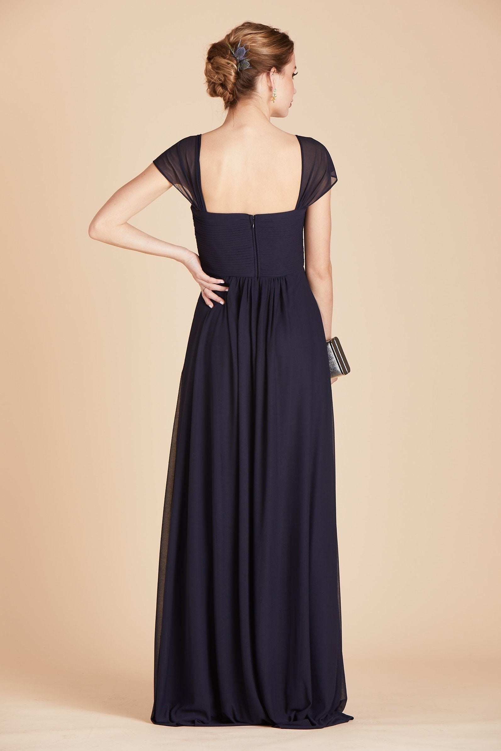 Maria convertible bridesmaids dress in navy blue chiffon by Birdy Grey, back view