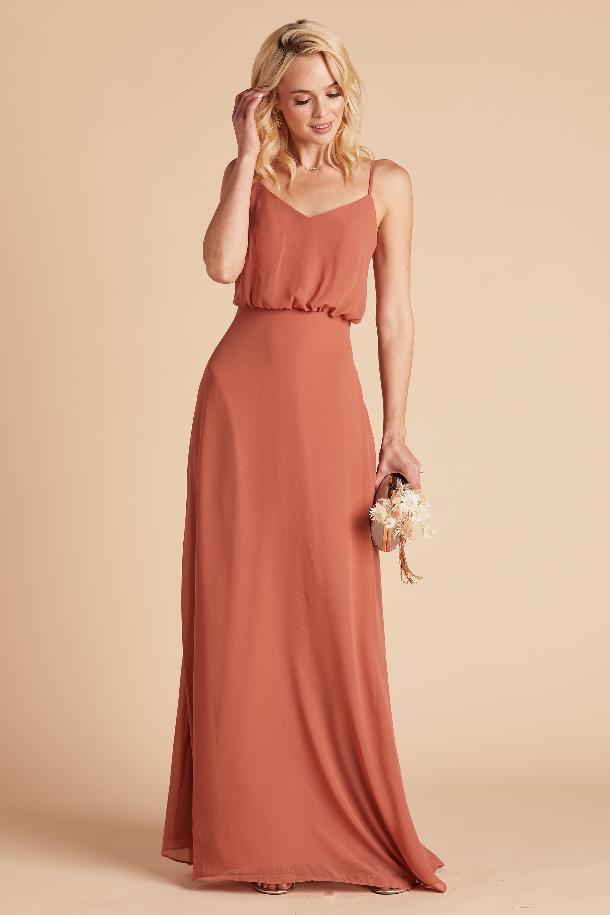 Gwennie bridesmaid dress in terracotta chiffon by Birdy Grey, front view