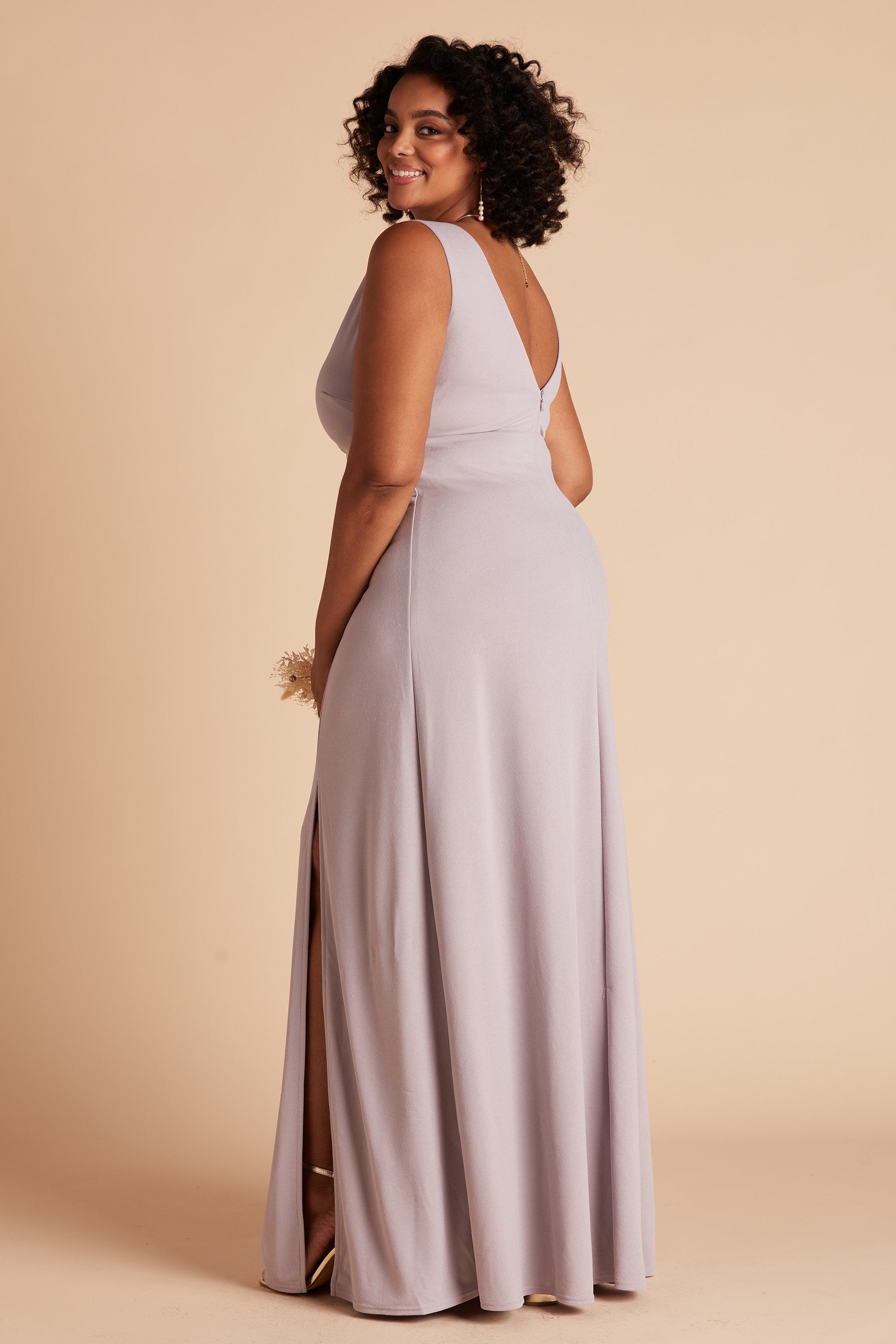 Shamin bridesmaid dress with slit in lilac purple crepe by Birdy Grey, side view