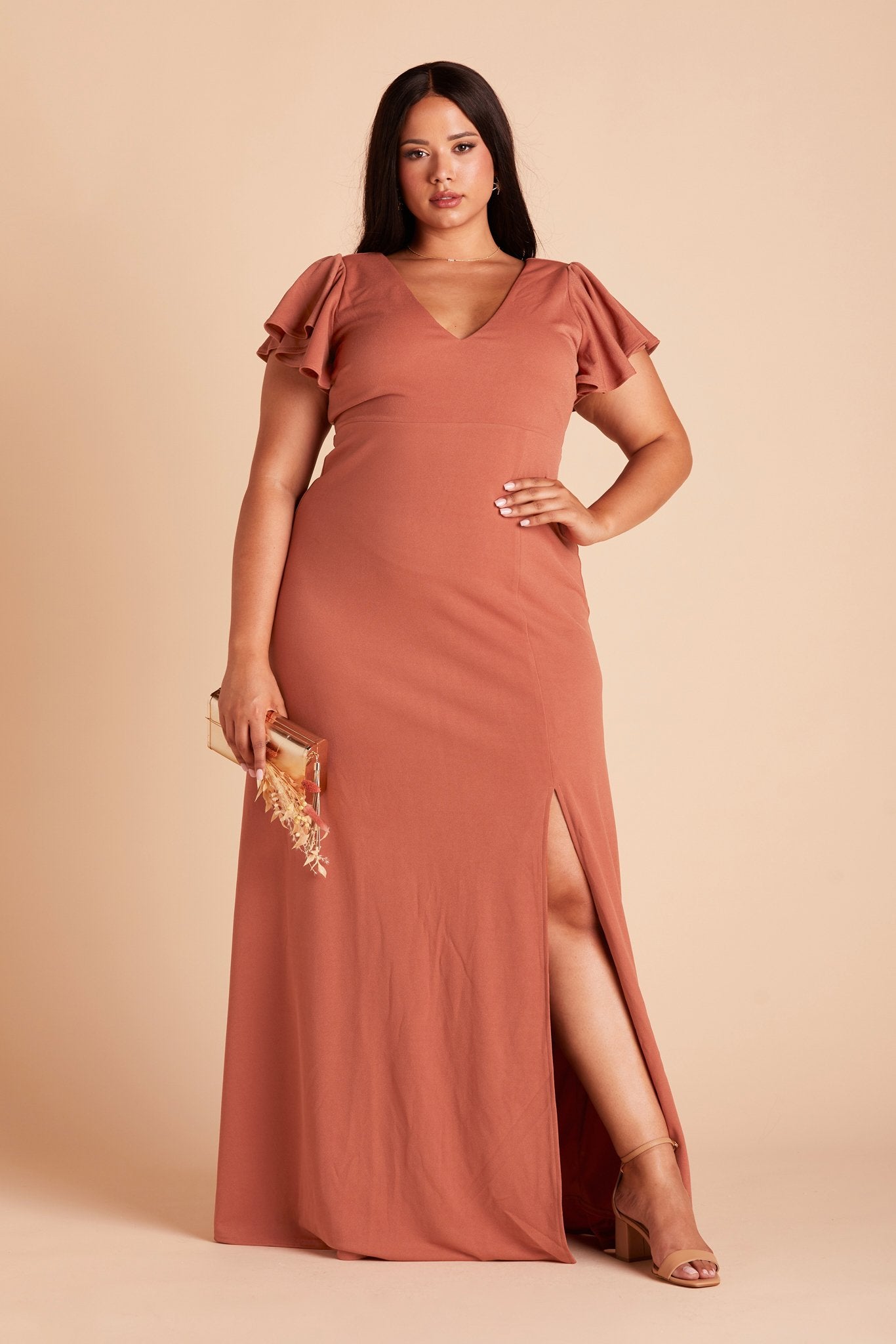 Hannah plus size bridesmaid dress with slit in terracotta crepe by Birdy Grey, front view