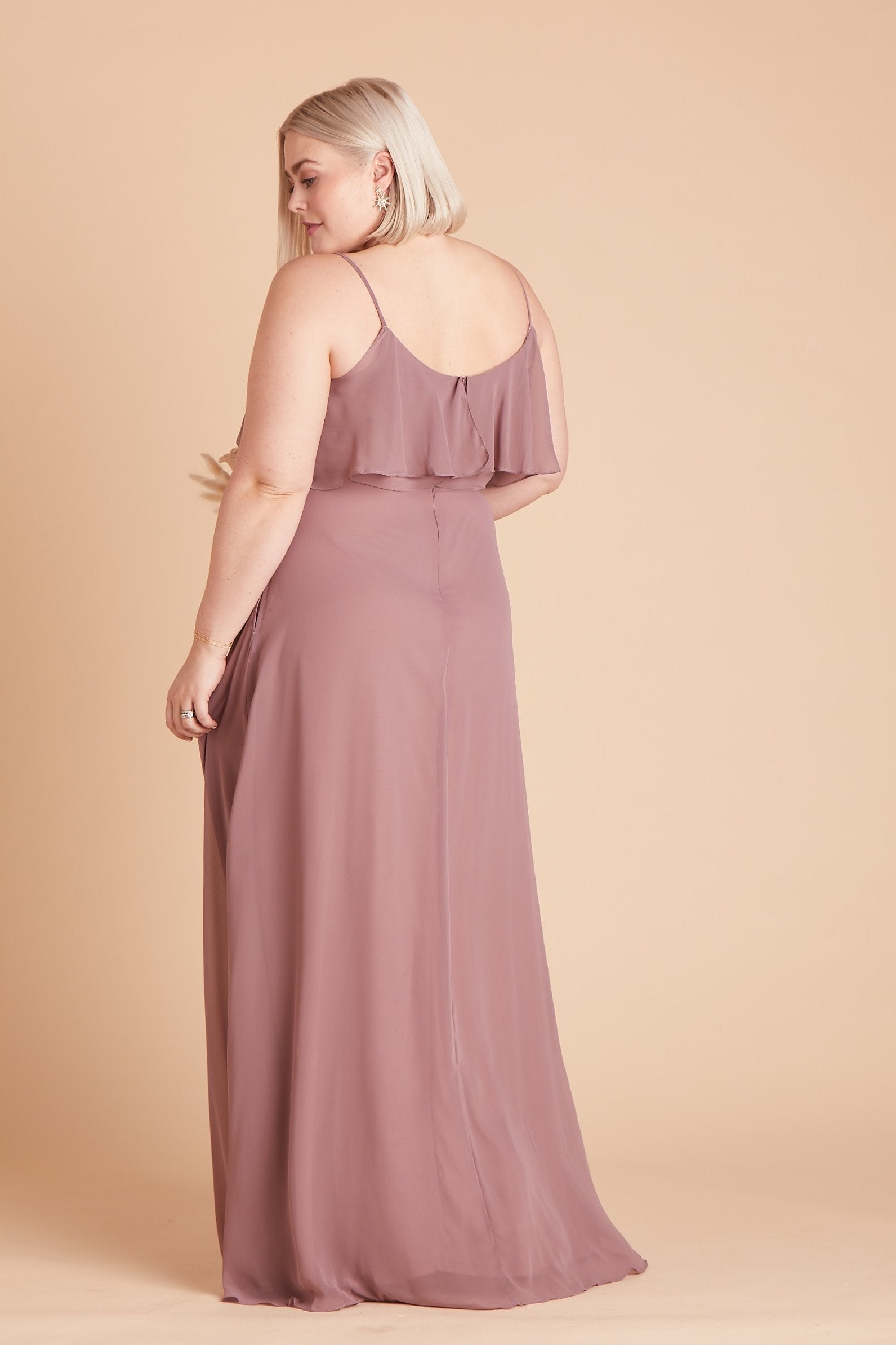 Jane convertible plus size bridesmaid dress in dark mauve chiffon by Birdy Grey, side view