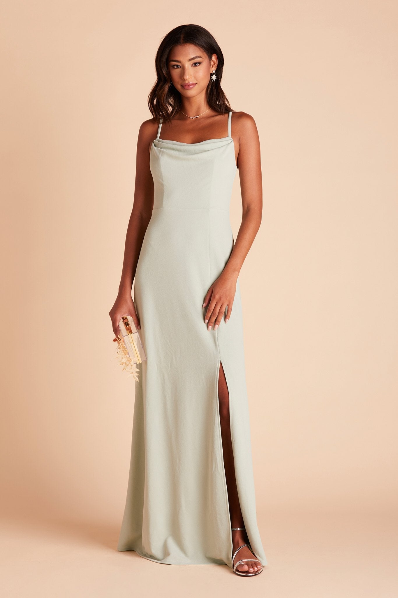 Ash bridesmaid dress with slit in sage green crepe by Birdy Grey, front view