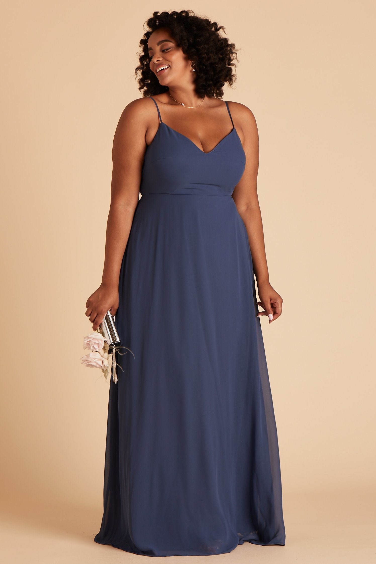 Devin convertible plus size bridesmaids dress in slate blue chiffon by Birdy Grey, front view