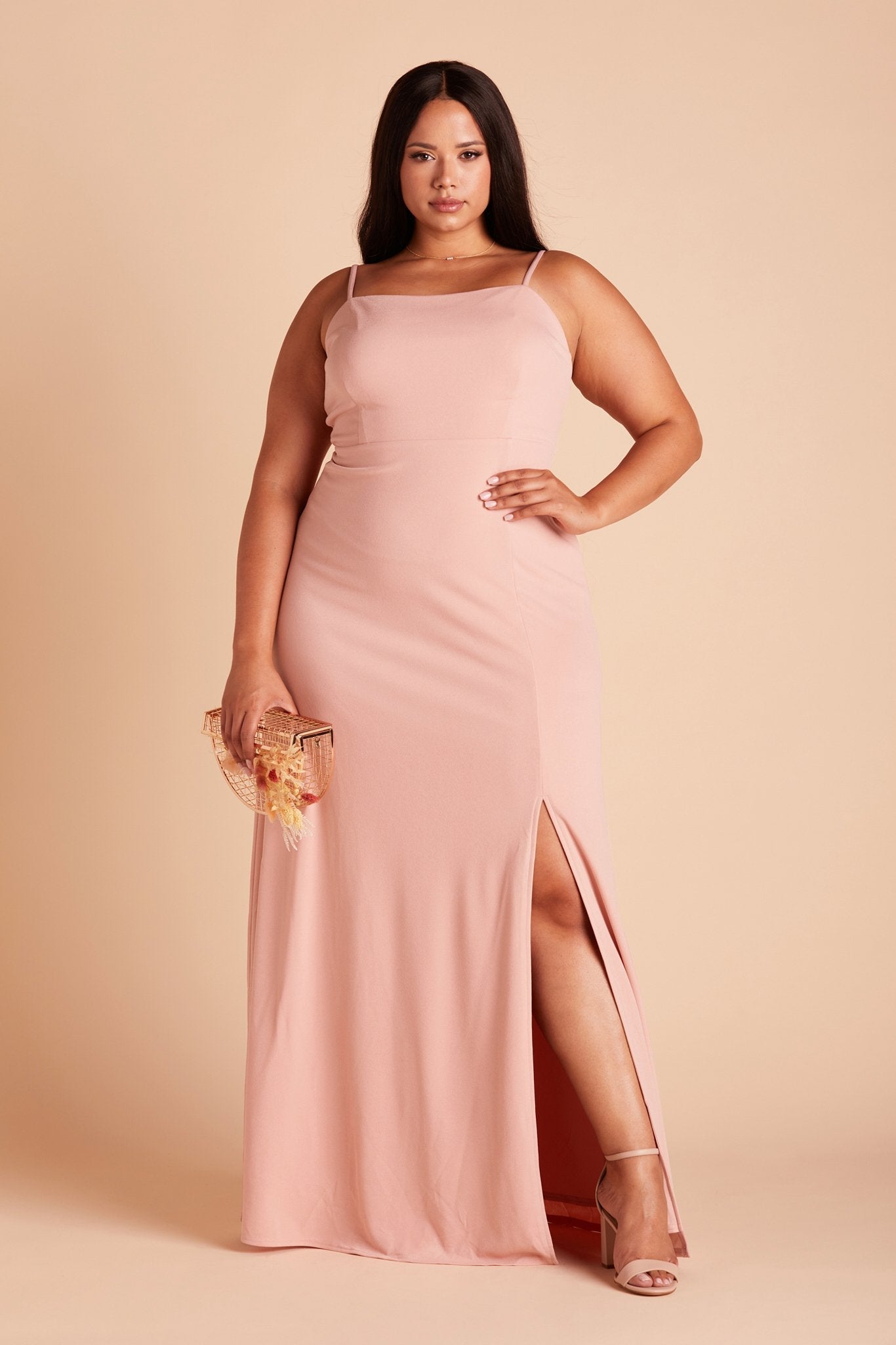 Benny plus size bridesmaid dress with slit in dusty rose crepe by Birdy Grey, front view