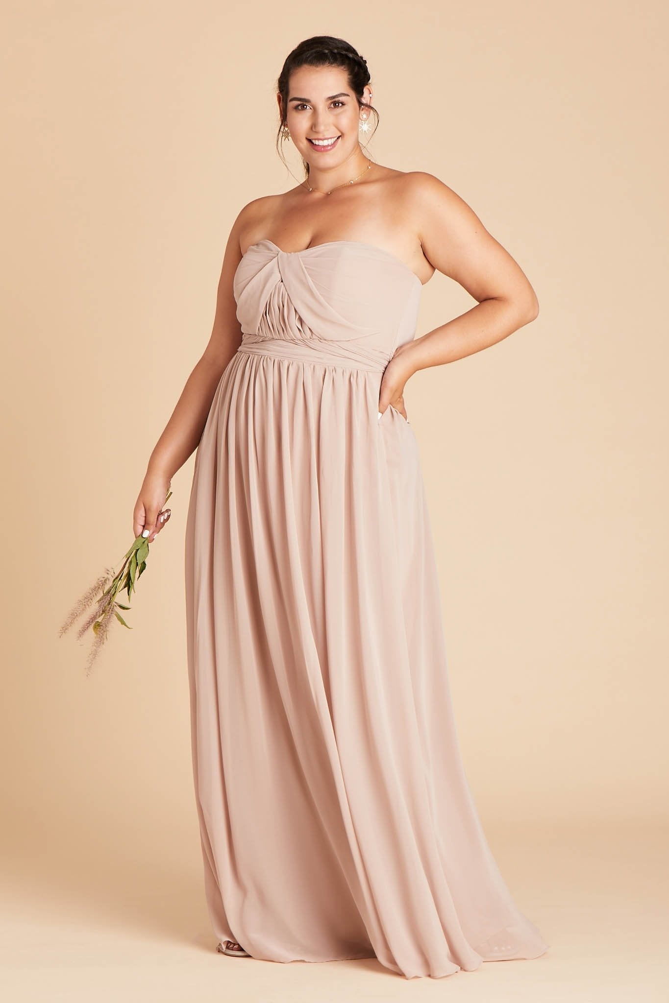 Grace convertible plus size bridesmaid dress in taupe chiffon by Birdy Grey, front view