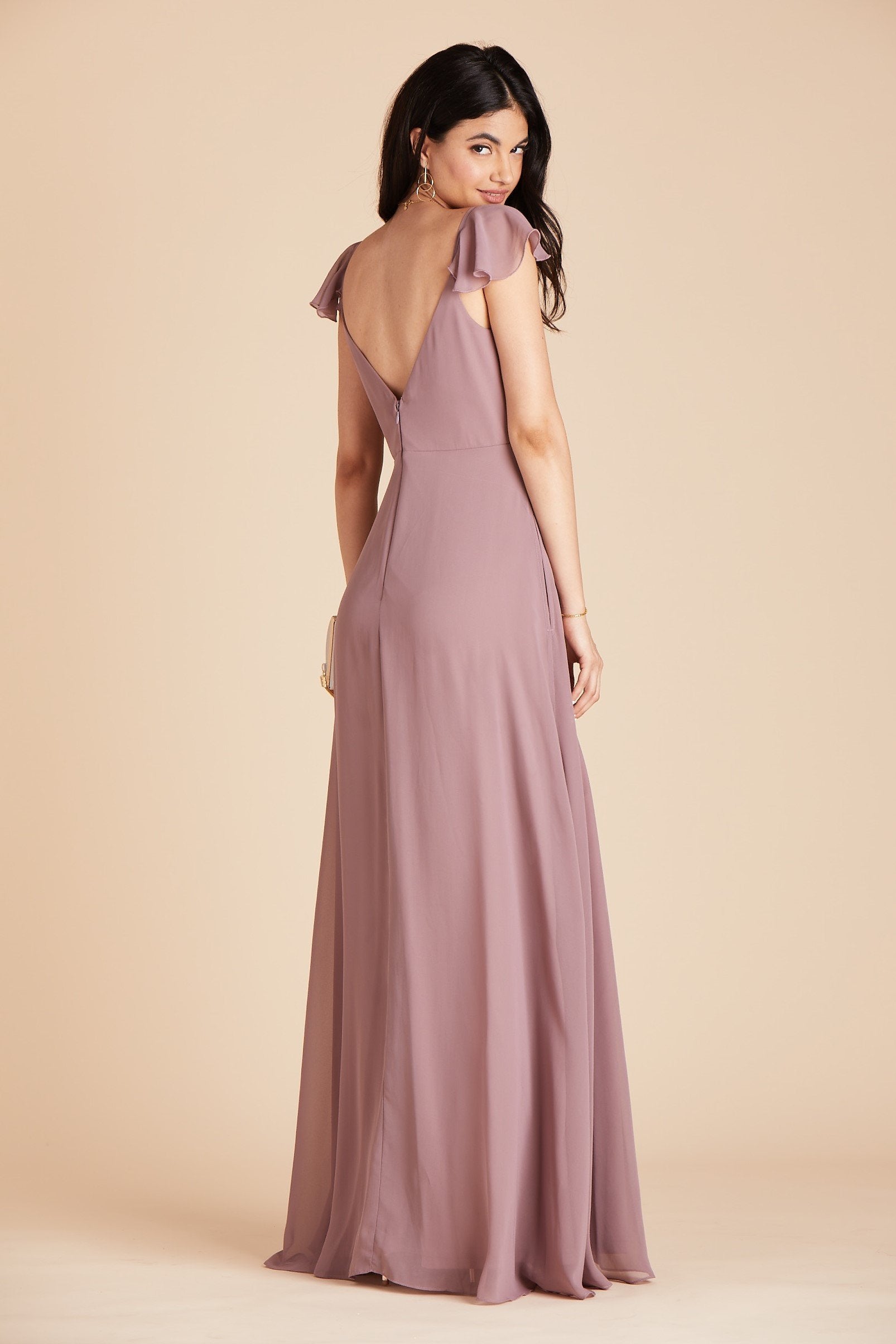 Kae bridesmaids dress in dark mauve purple chiffon by Birdy Grey, side view