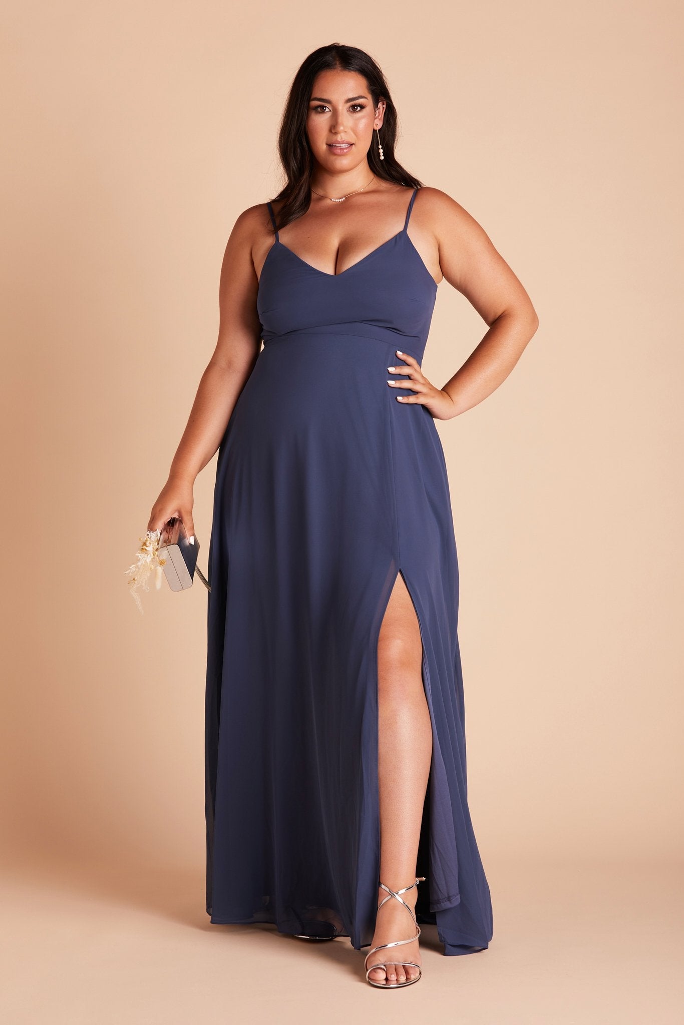 Devin convertible plus size bridesmaids dress with slit in slate blue chiffon by Birdy Grey, front view