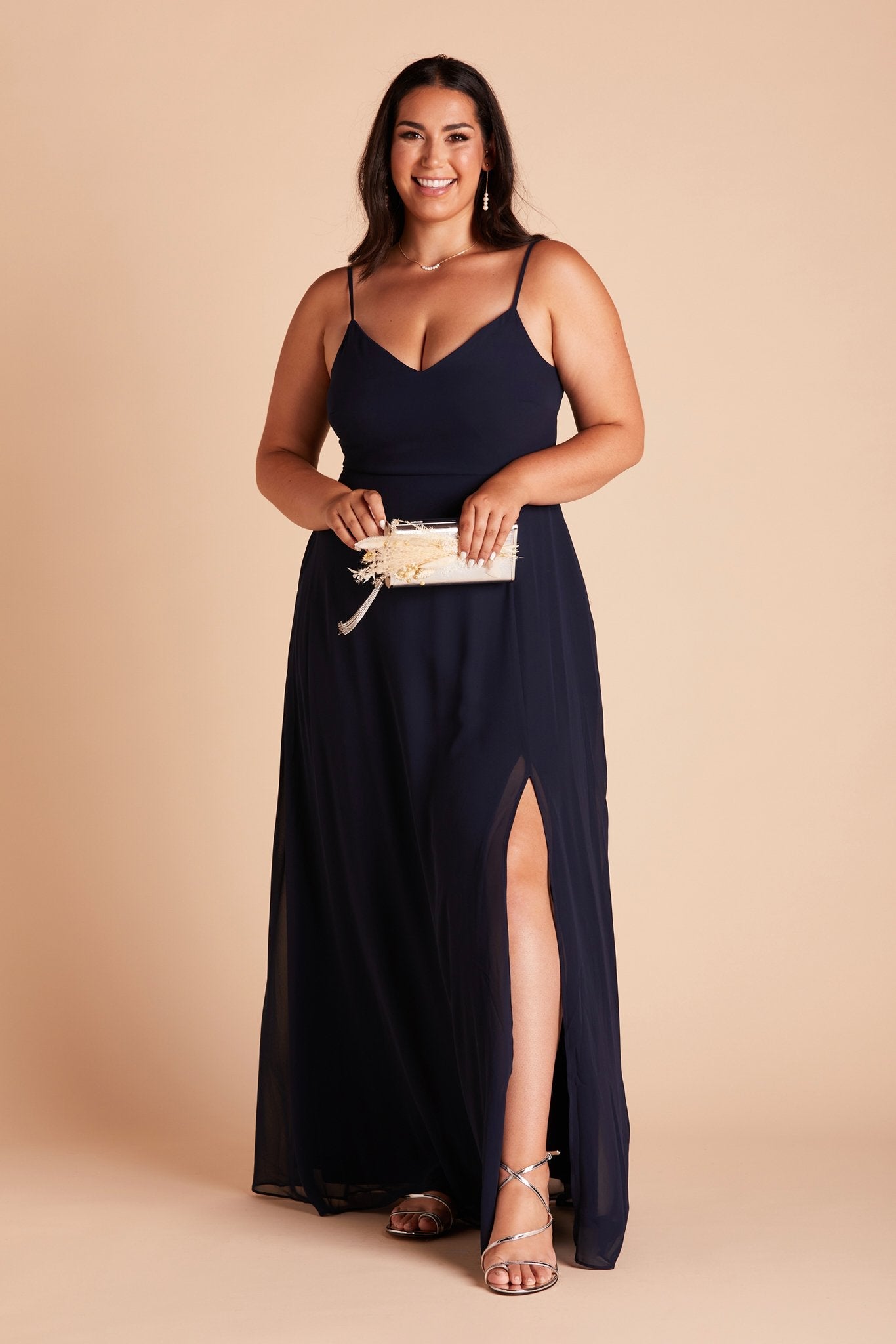 Devin convertible plus size bridesmaids dress with slit in navy blue chiffon by Birdy Grey, front view