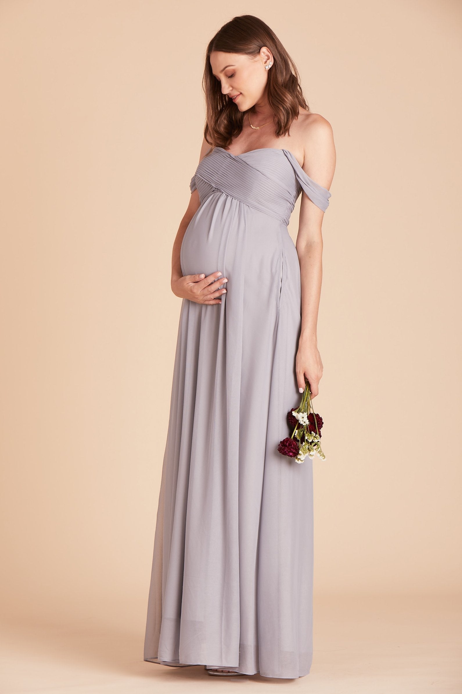 Maria convertible bridesmaids dress in silver mesh by Birdy Grey, side view