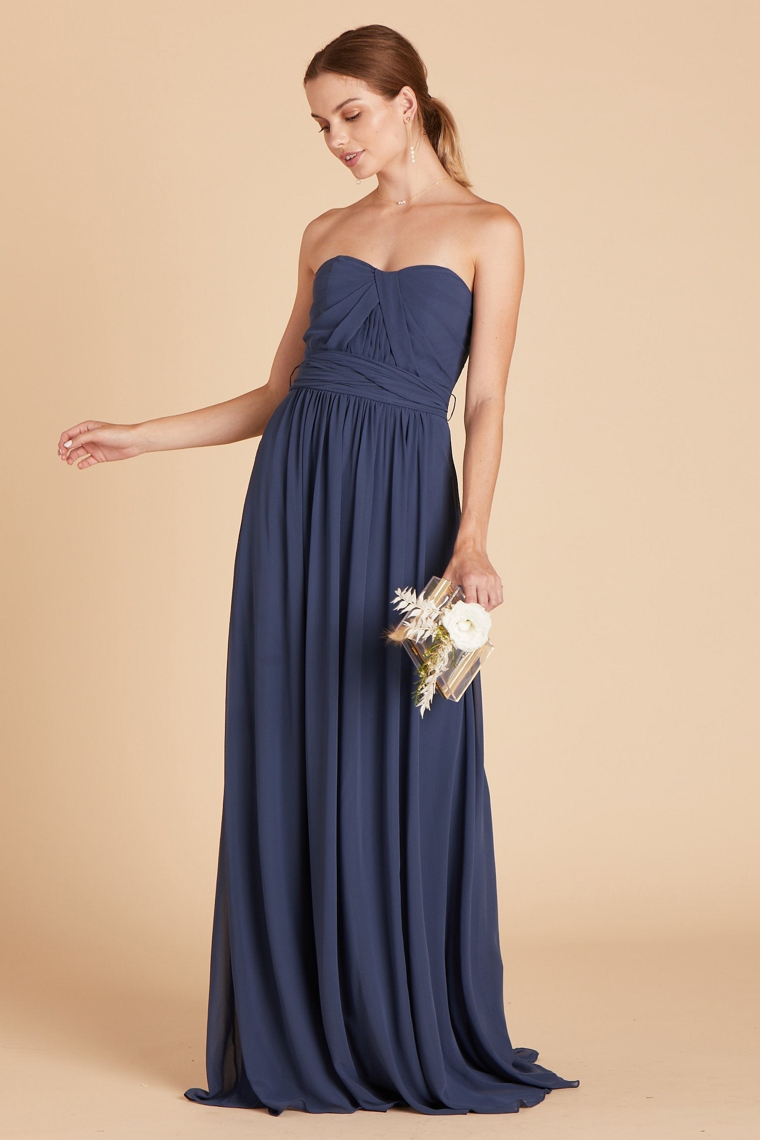 Grace convertible bridesmaid dress in slate blue chiffon by Birdy Grey, front view